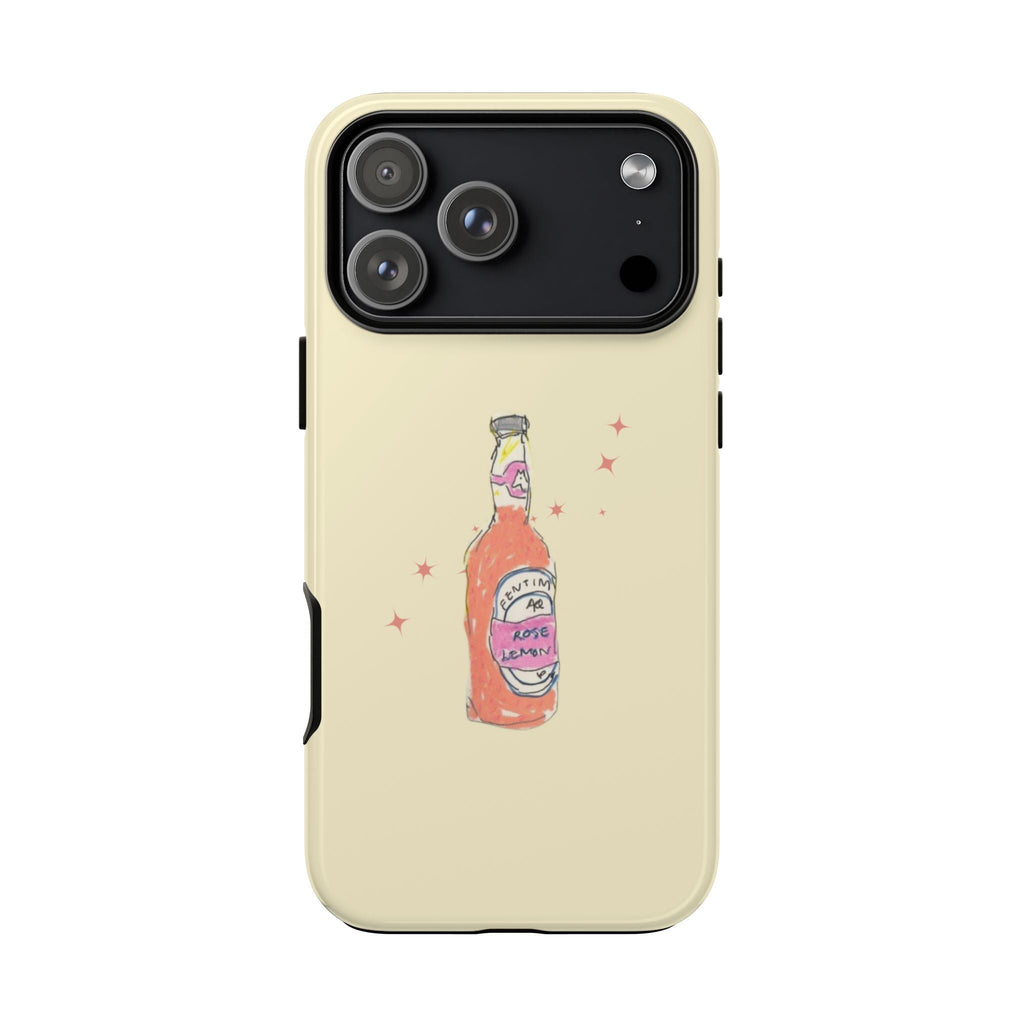 Cream phone case with rose lemonade bottle graphic and camera module border