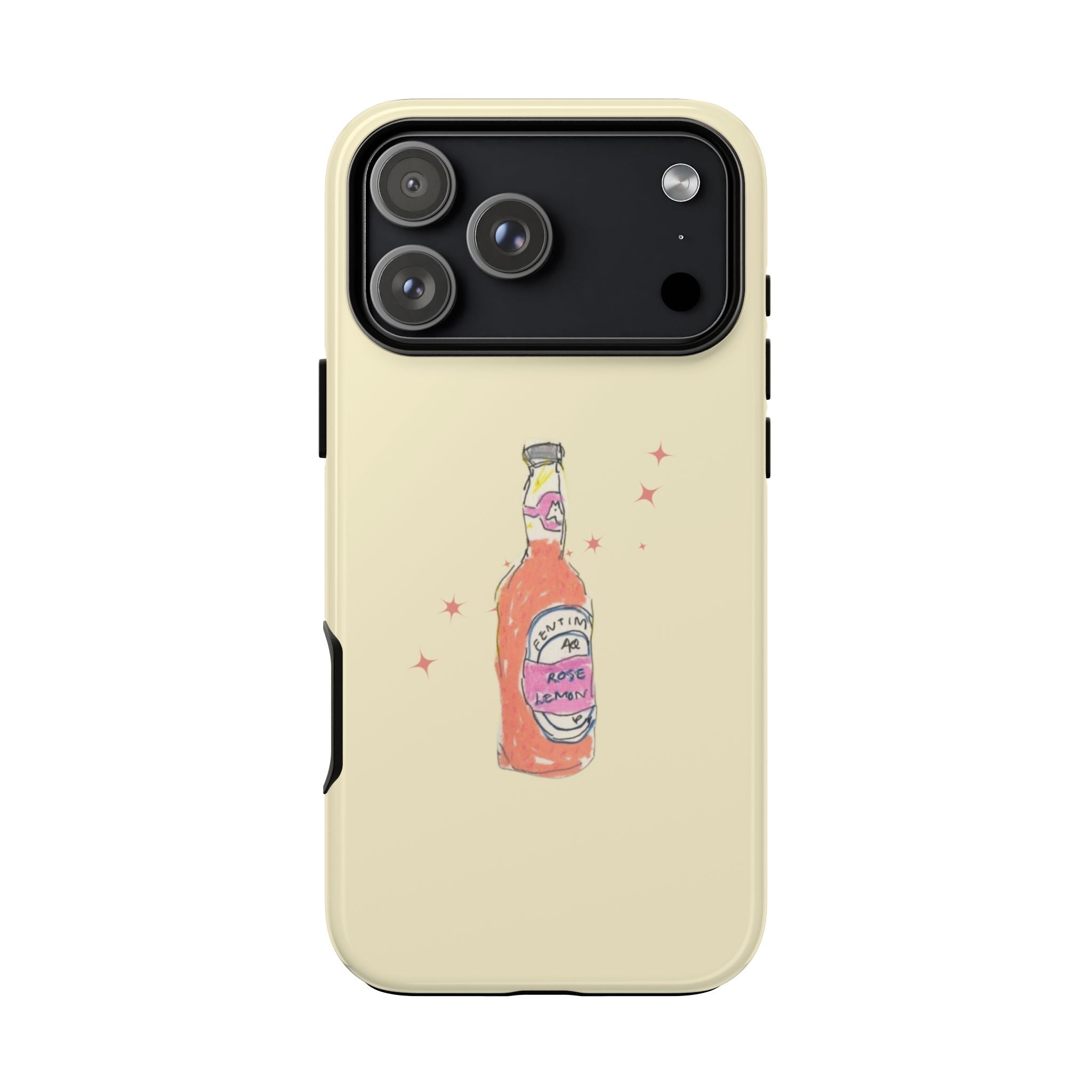 Cream phone case with rose lemonade bottle graphic and camera module border