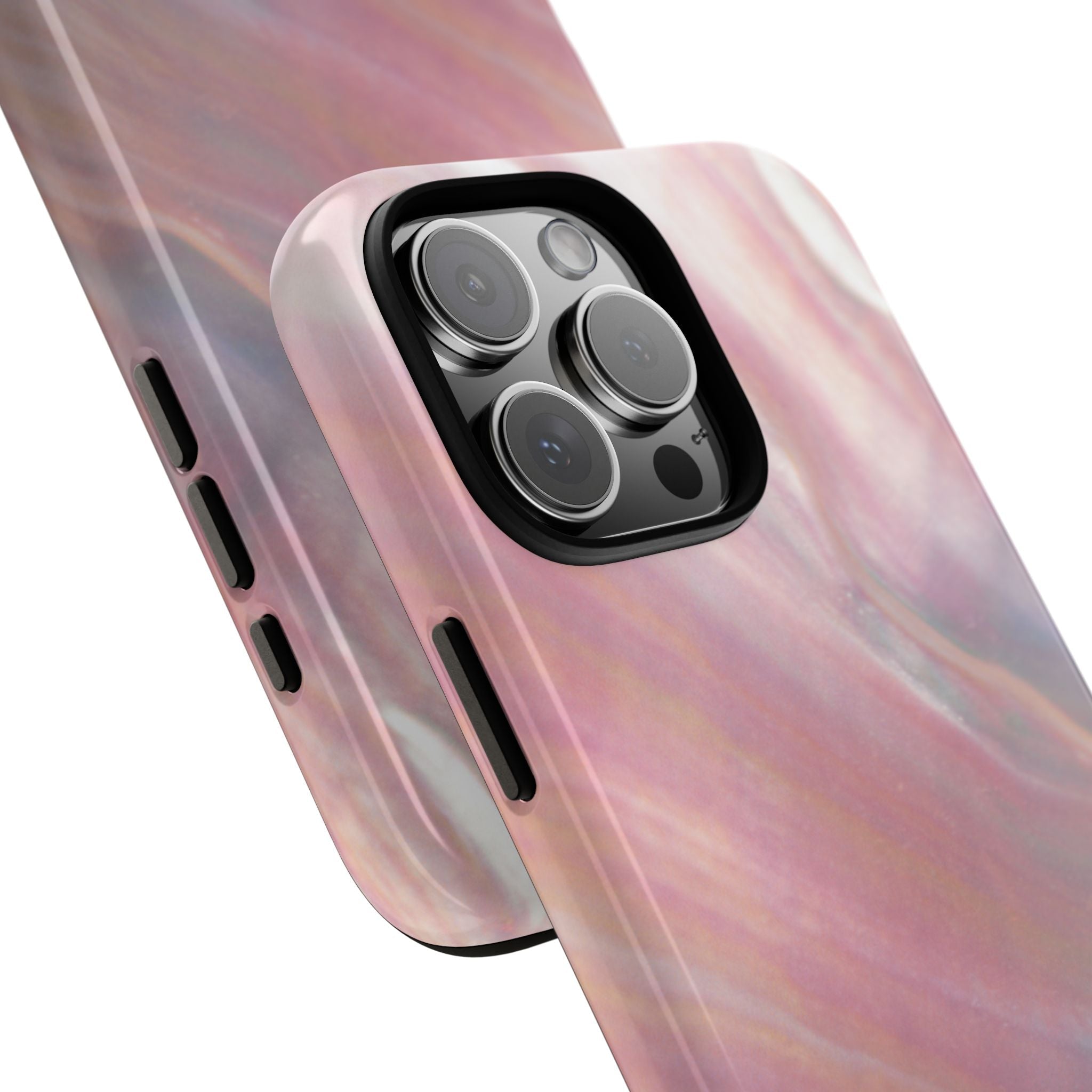 Rose quartz pink marble case, angled view showing camera lenses and side ports