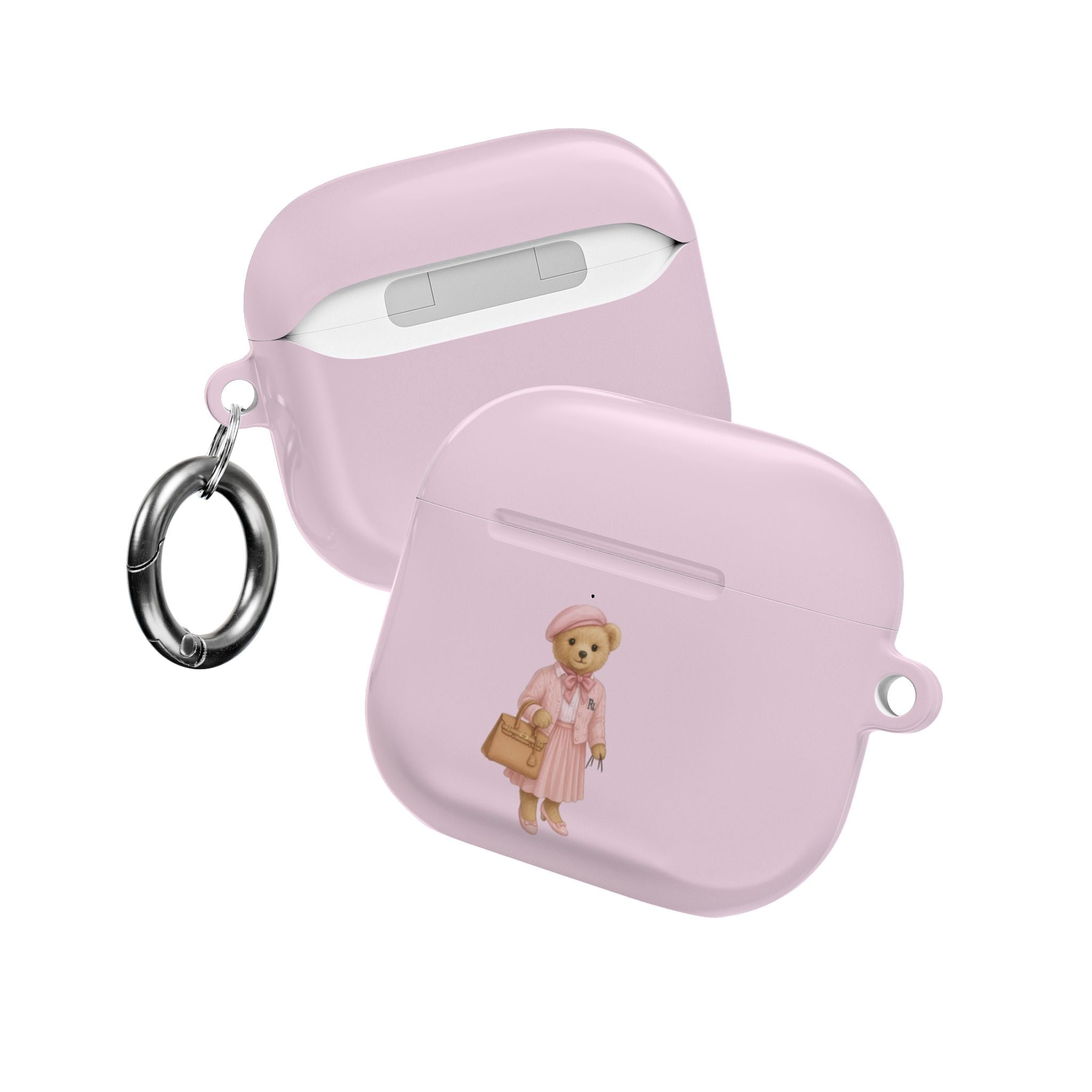 Pink AirPod case with teddy bear girl graphic, side view with metal keyring