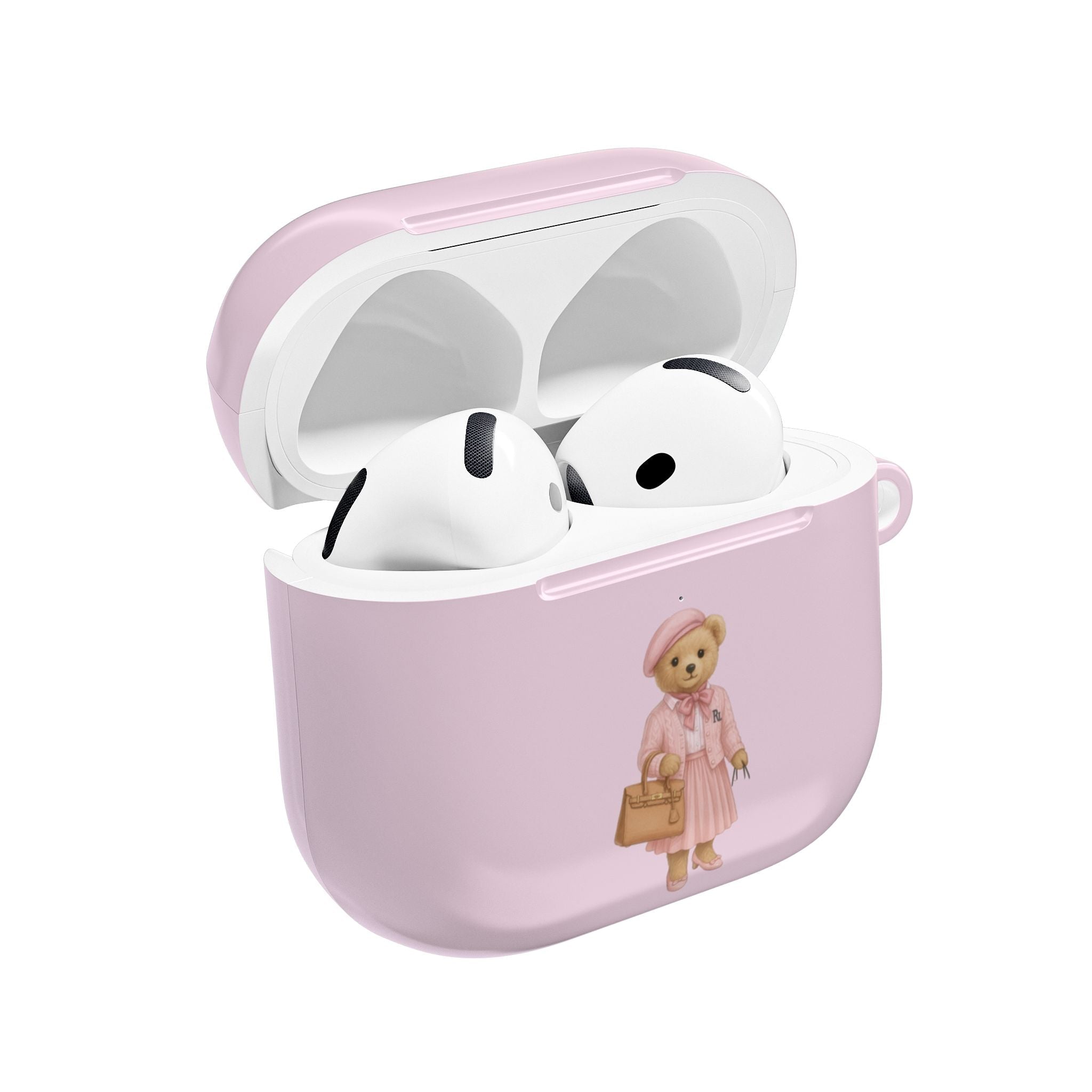 Pink AirPod case with teddy bear girl graphic, open lid showing white earbuds