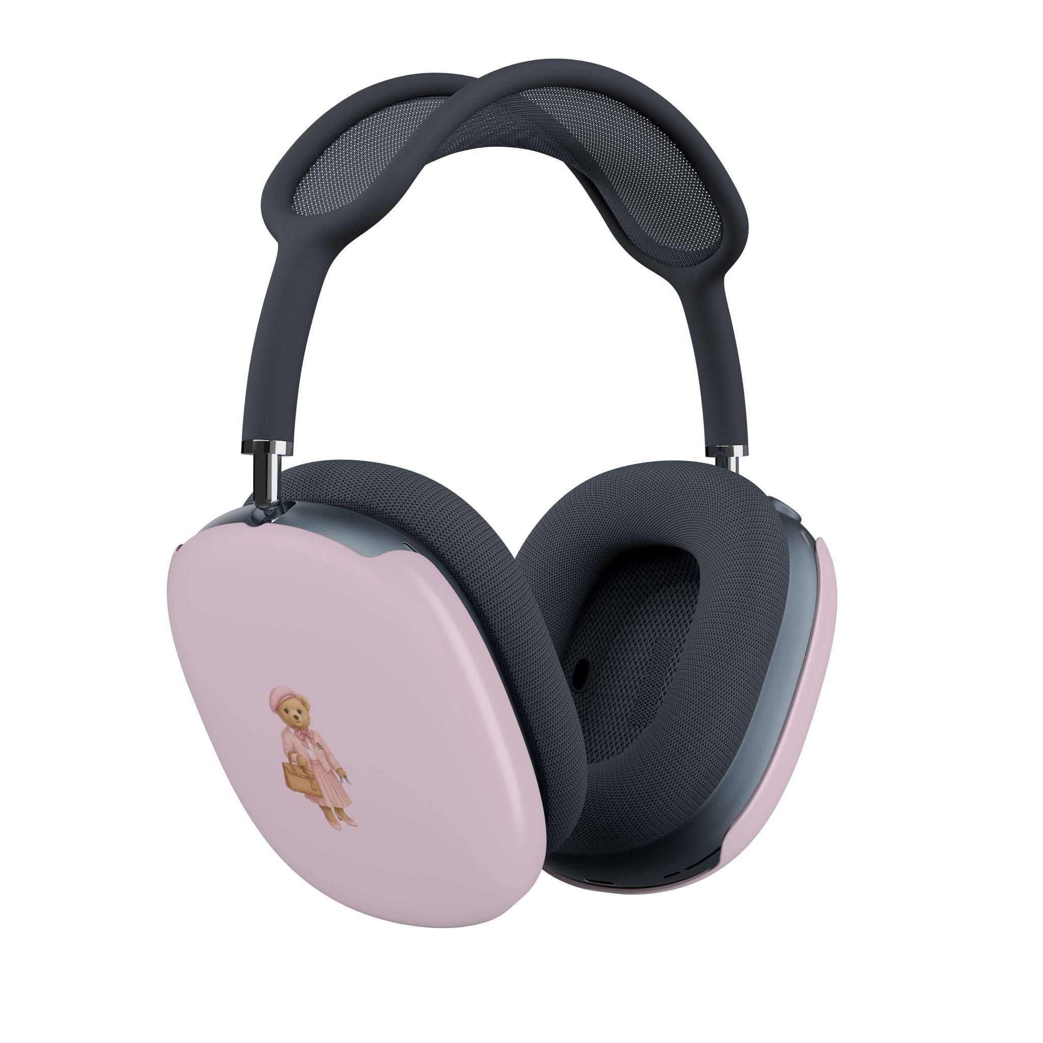 Side view: pink AirPods Max case cover with teddy bear girl graphic on dark cushions.