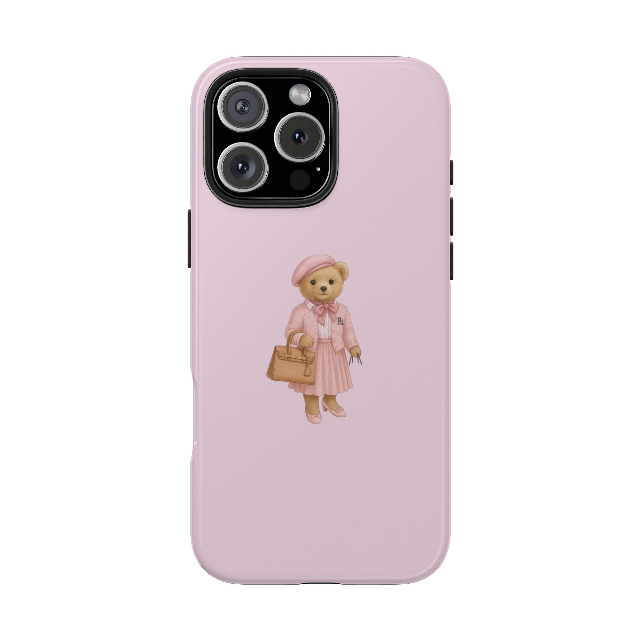 Pink phone case with teddy bear in pink dress graphic on back