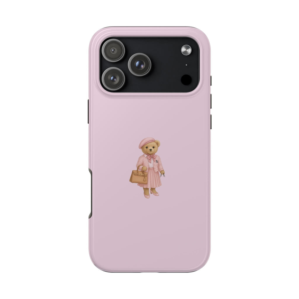 Pink phone case with rose teddy bear character on back, raised camera cutouts