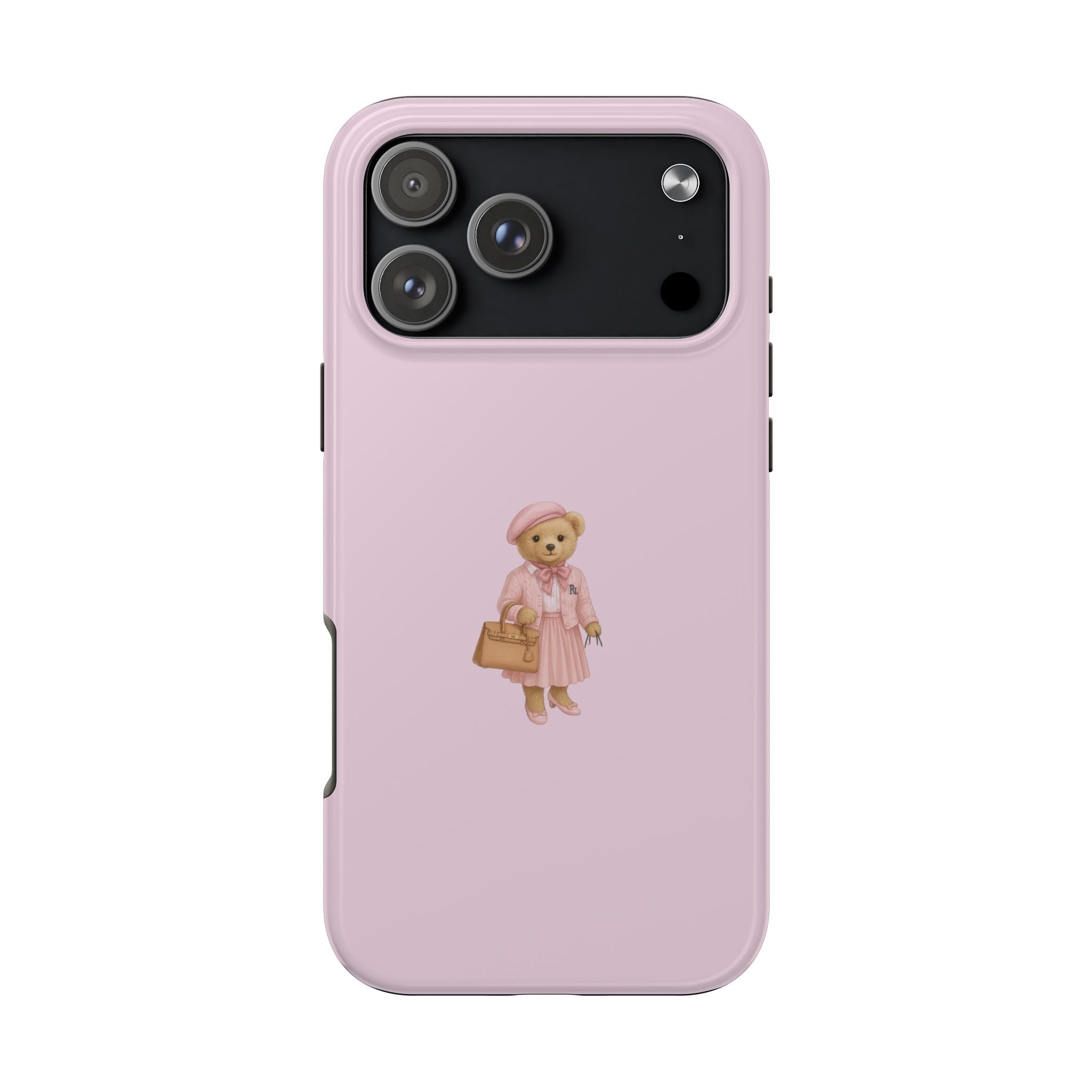 Pink phone case with rose teddy bear character on back, raised camera cutouts