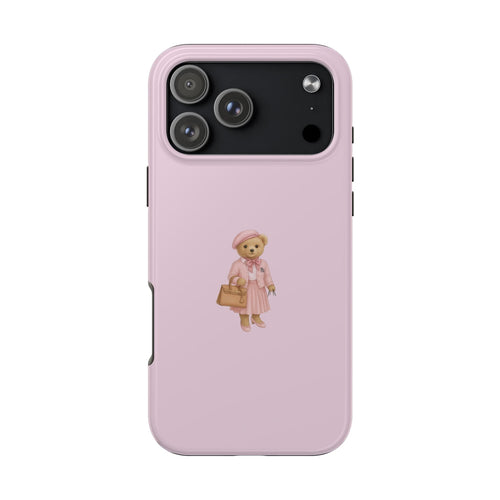Pink phone case with rose teddy bear character on back, raised camera cutouts