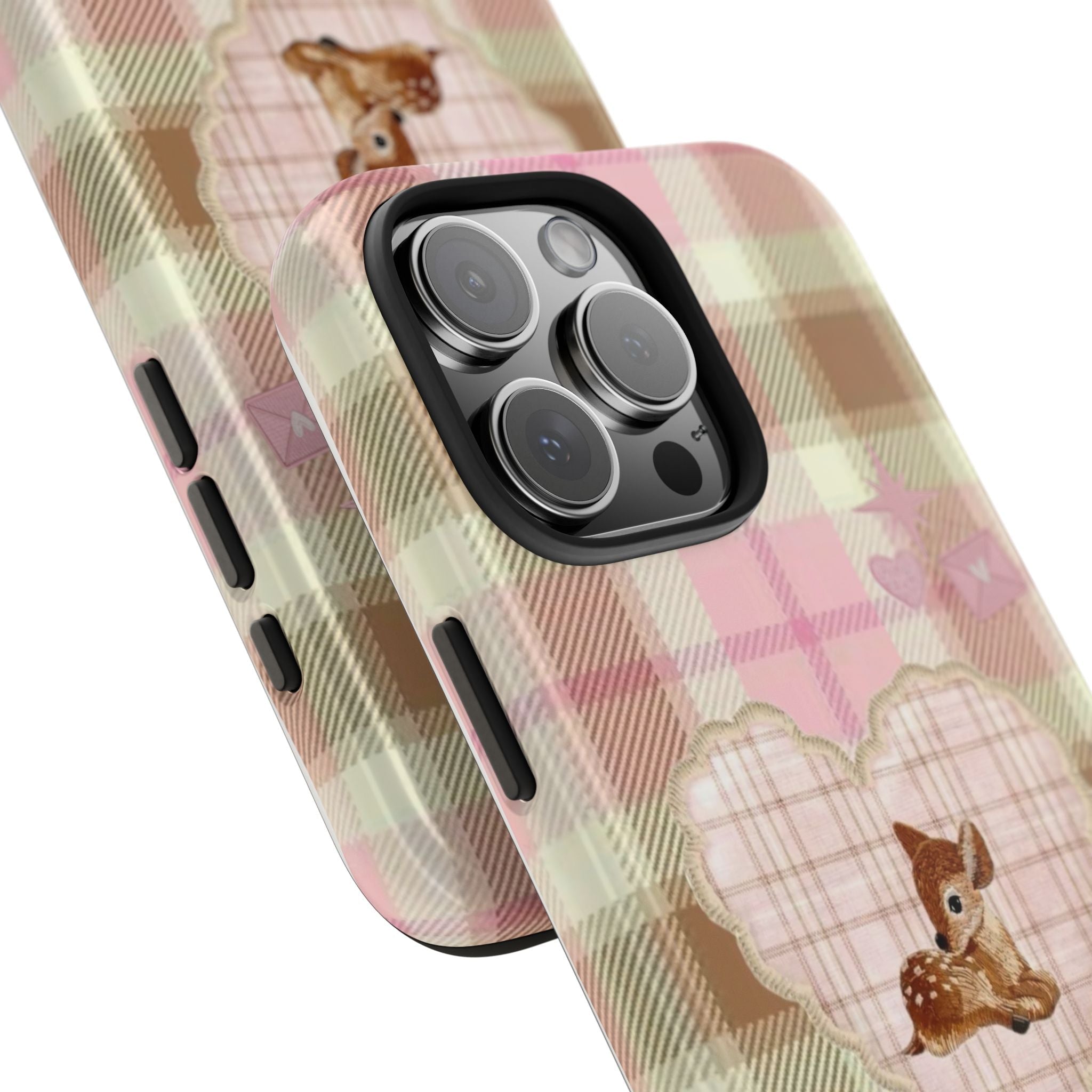 Angled rose-and-cream plaid phone case with deer patch heart on back