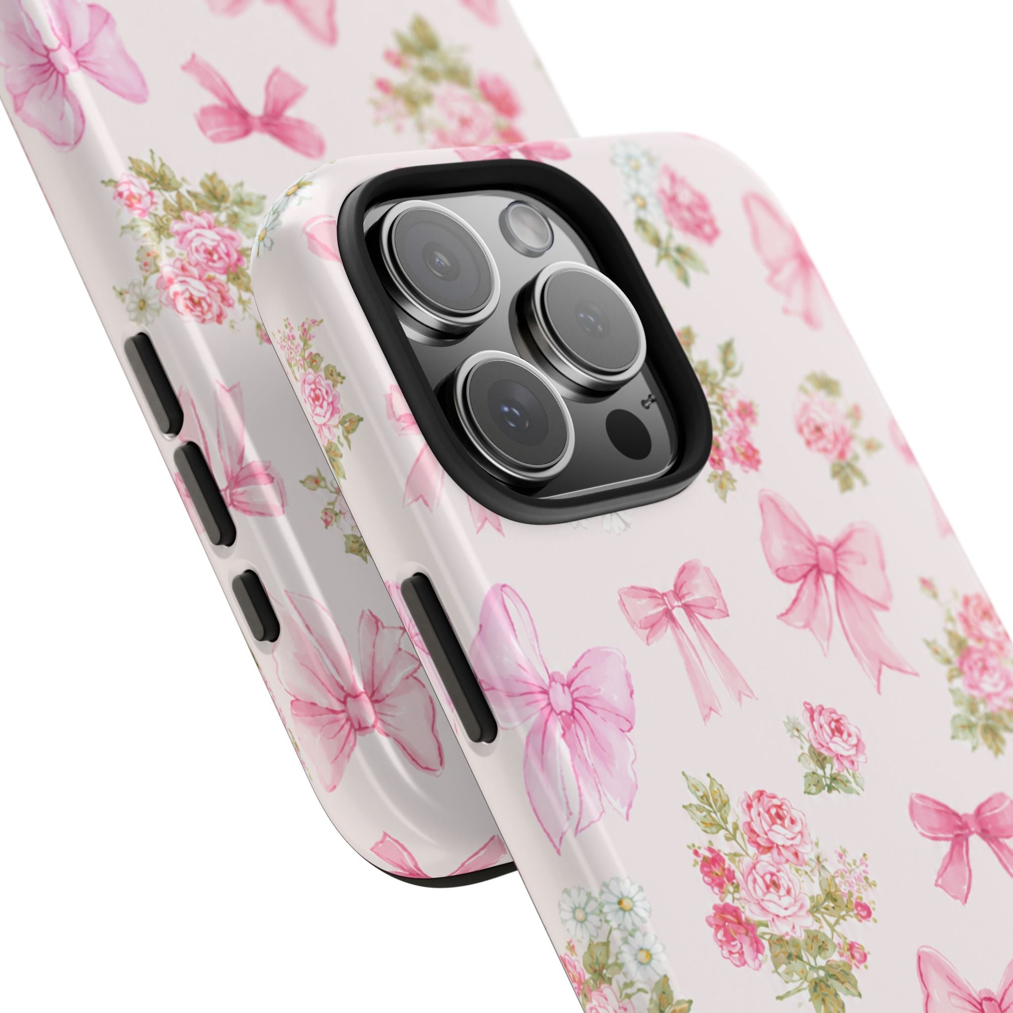 Pink bow and rose phone case, angled view with side buttons and camera lenses