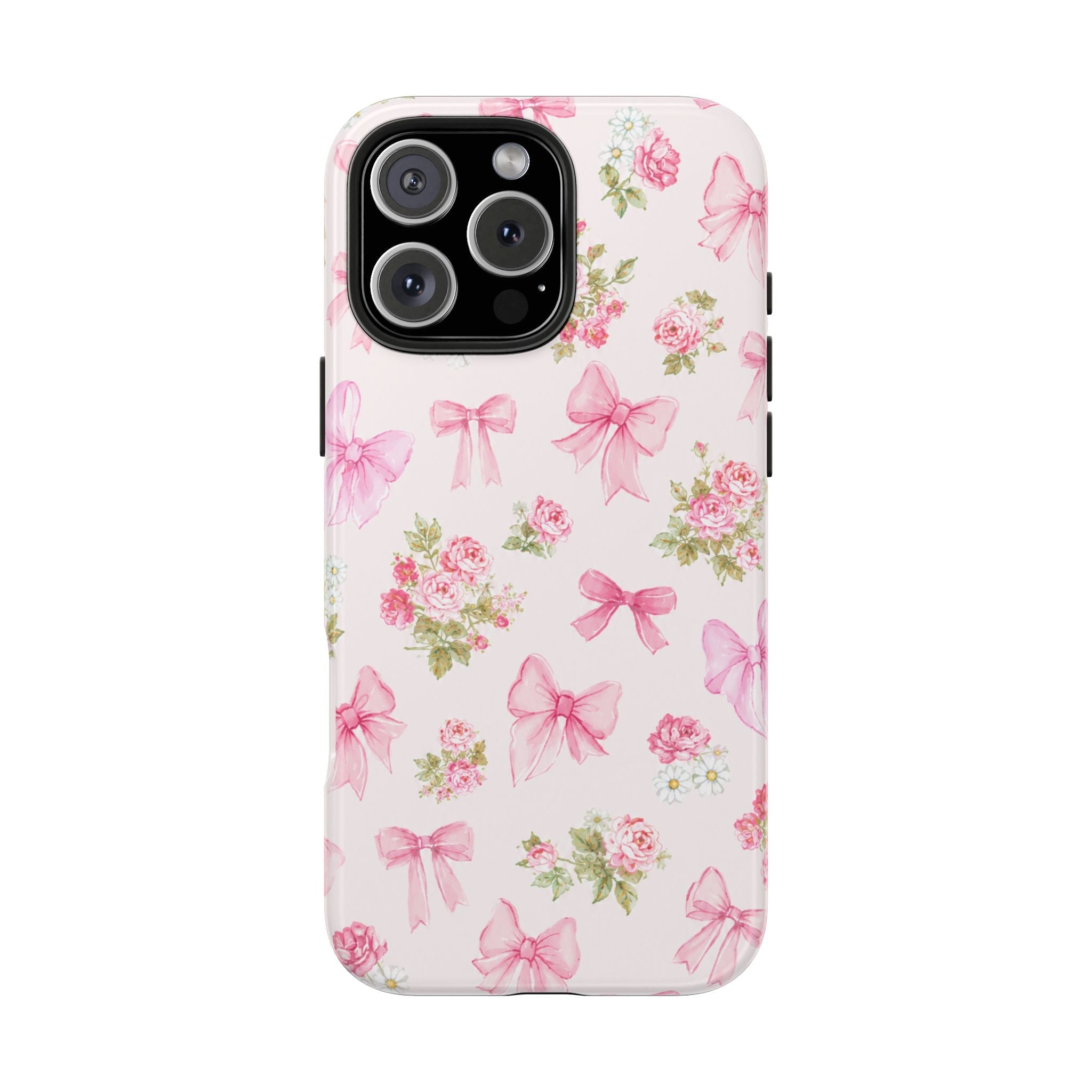 White phone case with pink roses and butterflies, front camera cutouts visible