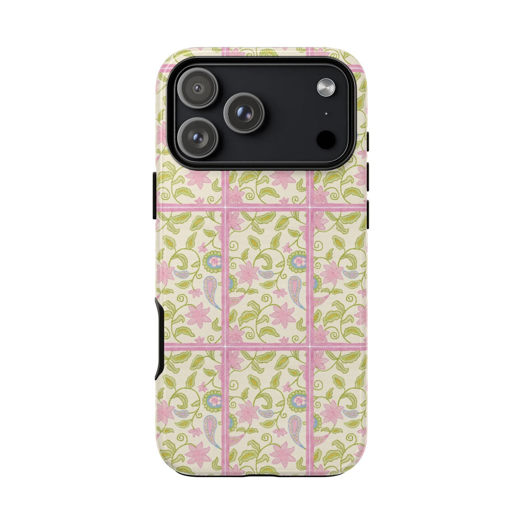 Rosewater Bloom floral phone case back, pastel grid pattern with pink flowers