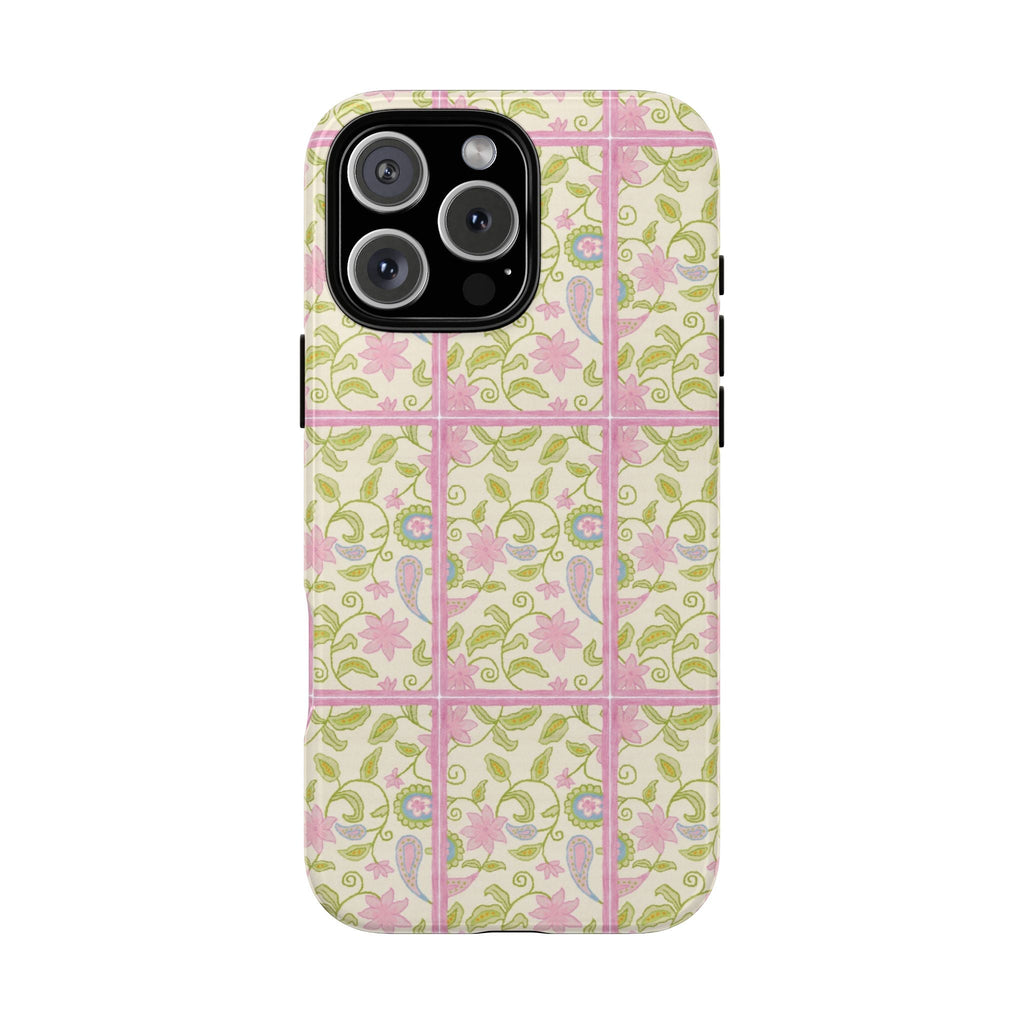 Rosewater Bloom floral phone case, pastel pink and green grid with pink flowers