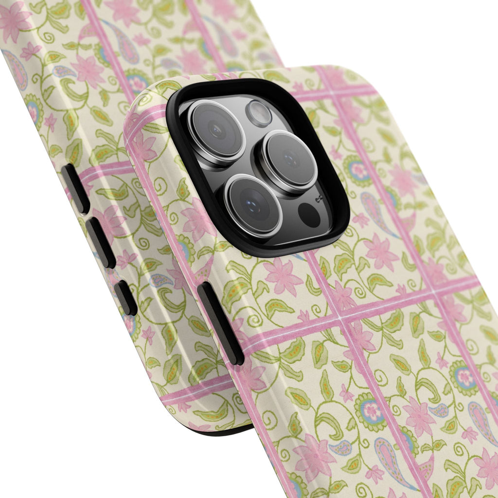 Rosewater Bloom floral phone case with raised camera cutout, pastel pink flower grid