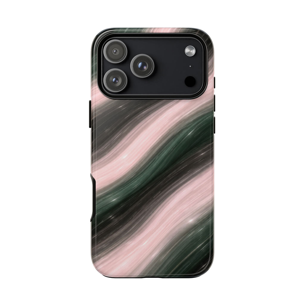 Rosewood Waves case with dark top and pink-green wave stripes, glossy