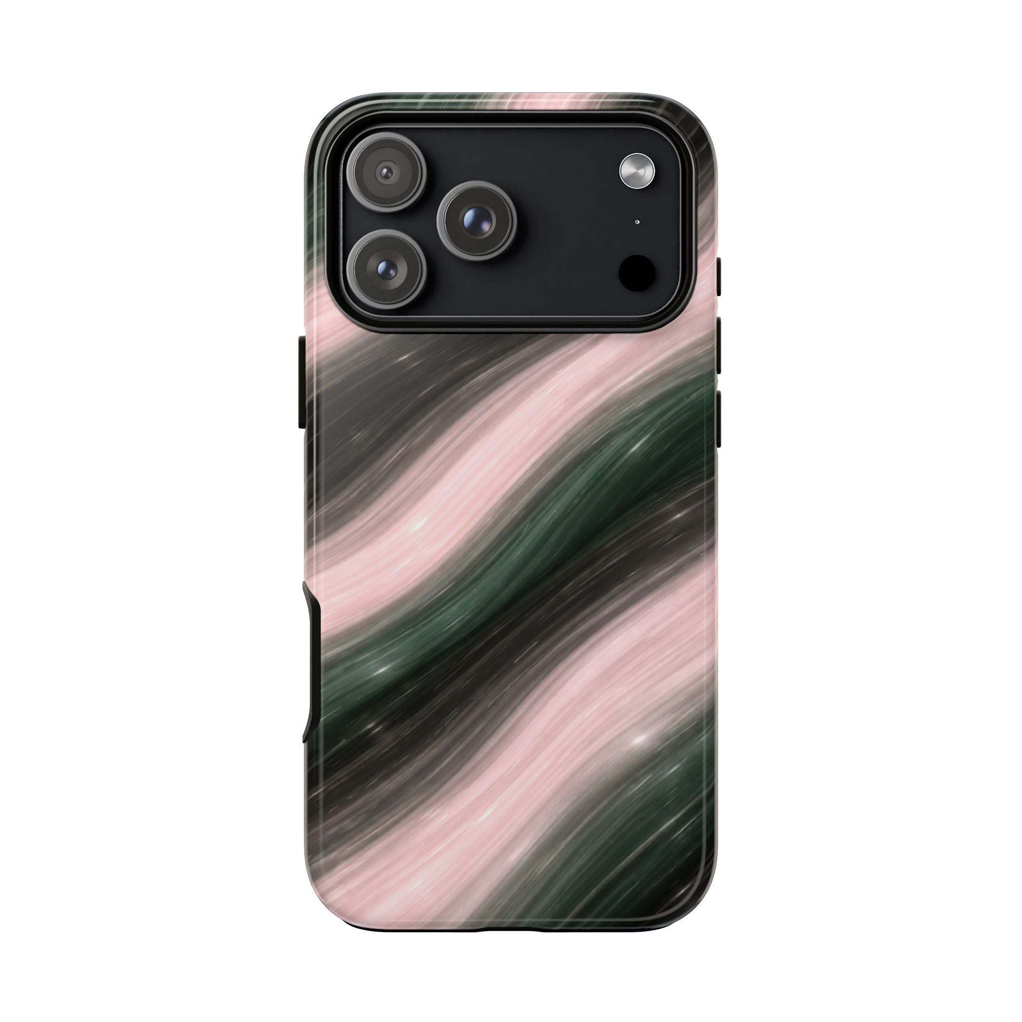 Rosewood Waves case with dark top and pink-green wave stripes, glossy