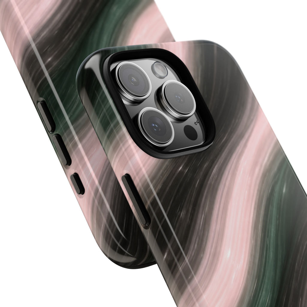 Rosewood Waves phone case with raised camera rings and pink/green wave swirl