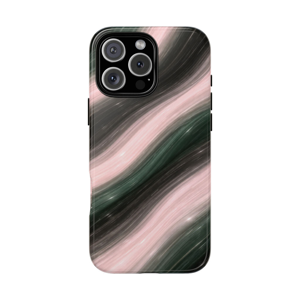 Rosewood Waves phone case: pink/green swirl pattern, glossy finish