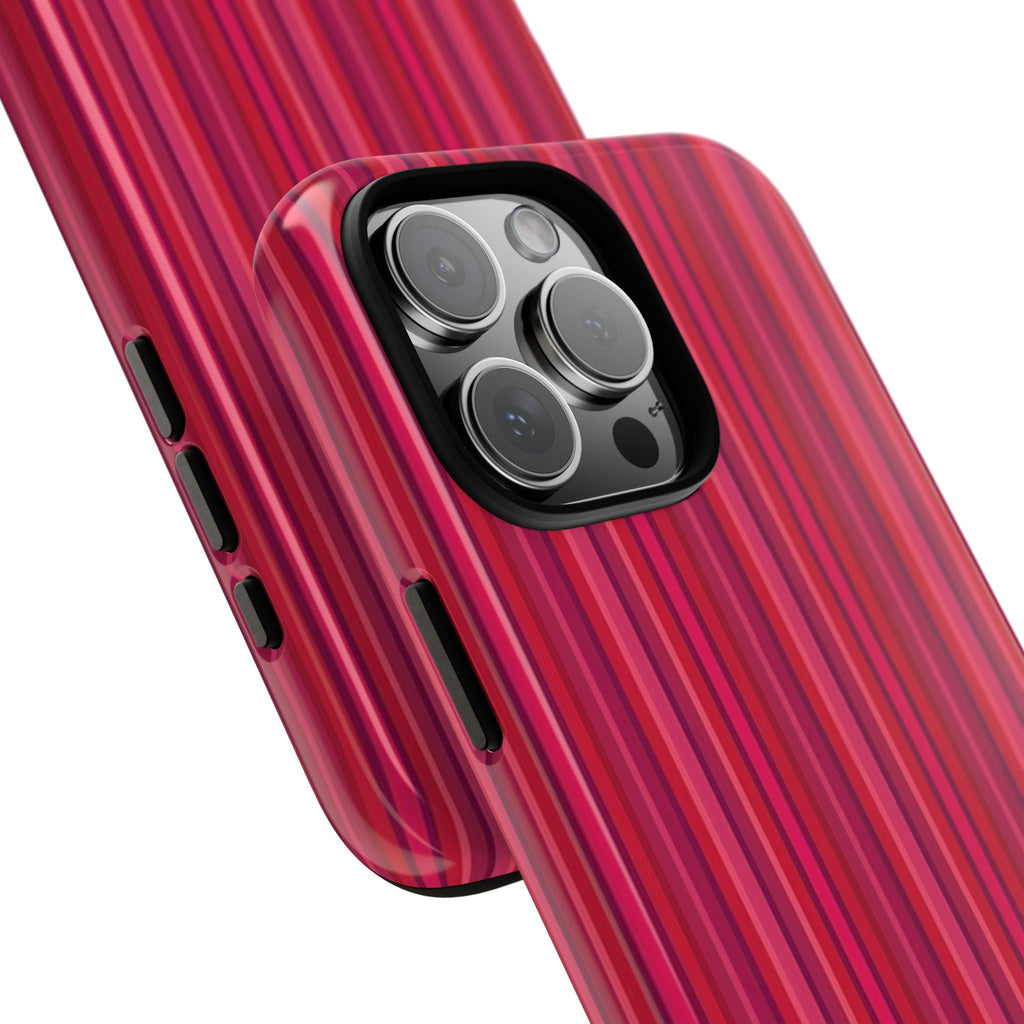 ROUGE STRIPES phone case close-up of vertical pink-red stripes and camera lens openings