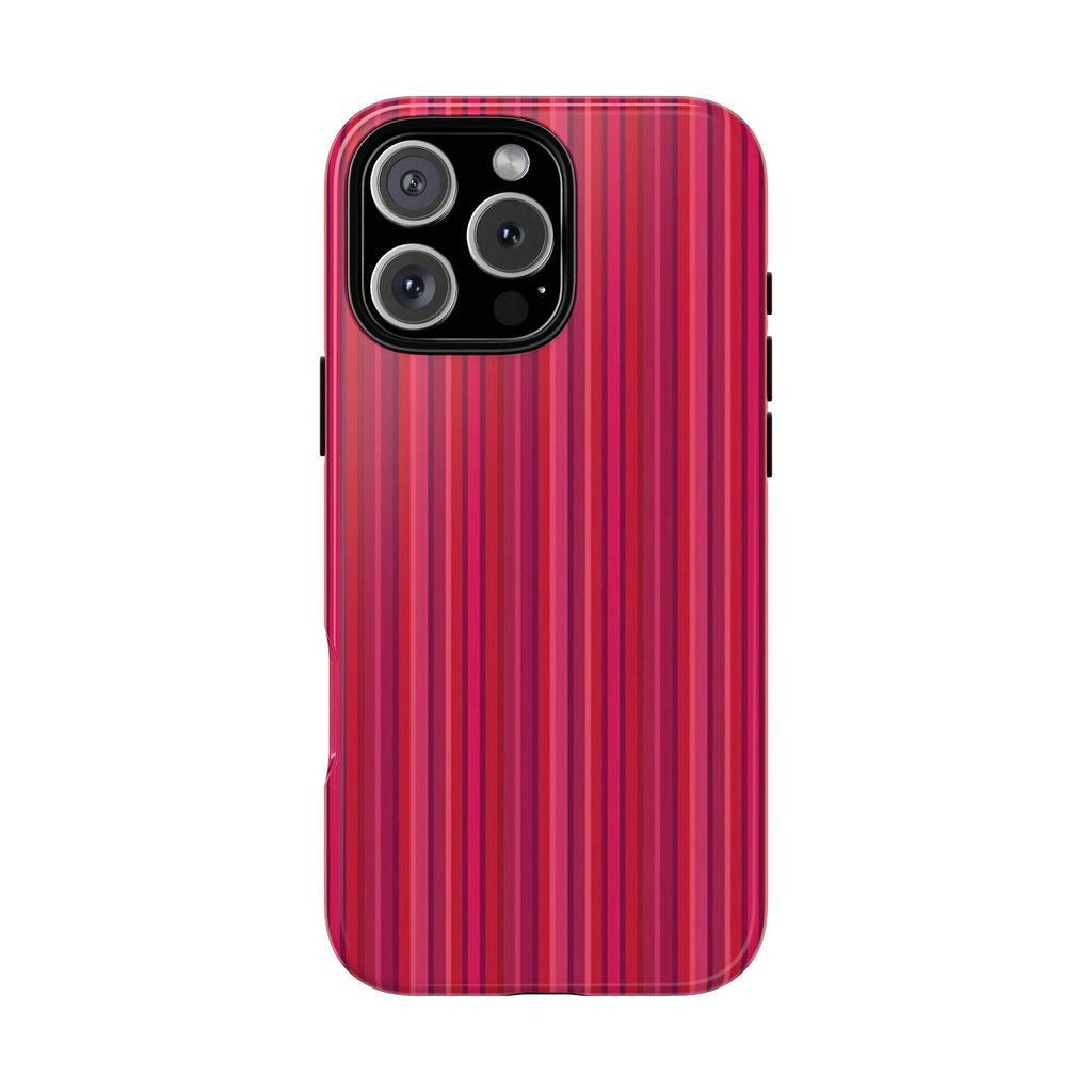 ROUGE STRIPES phone case with vertical red and pink stripe pattern and camera cutouts