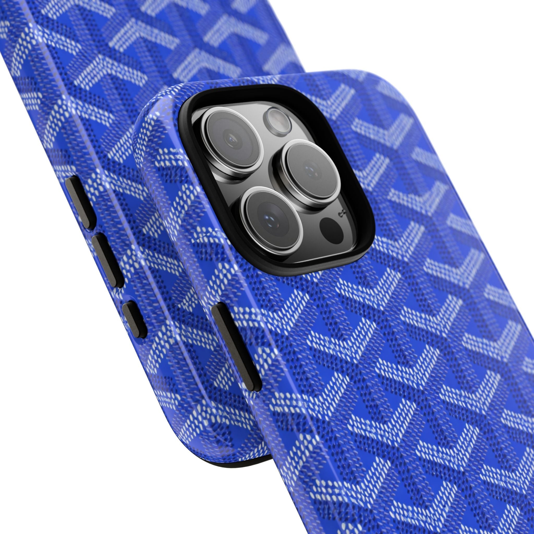 Royal blue phone case with white geometric pattern, side openings and camera cutout