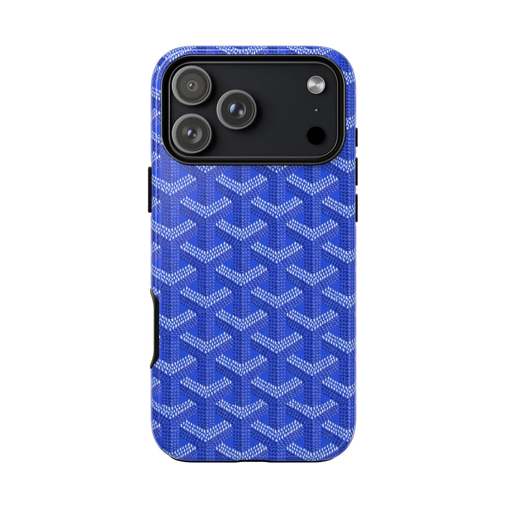 GOYARD Royal blue phone case with geometric monogram pattern and camera cutout