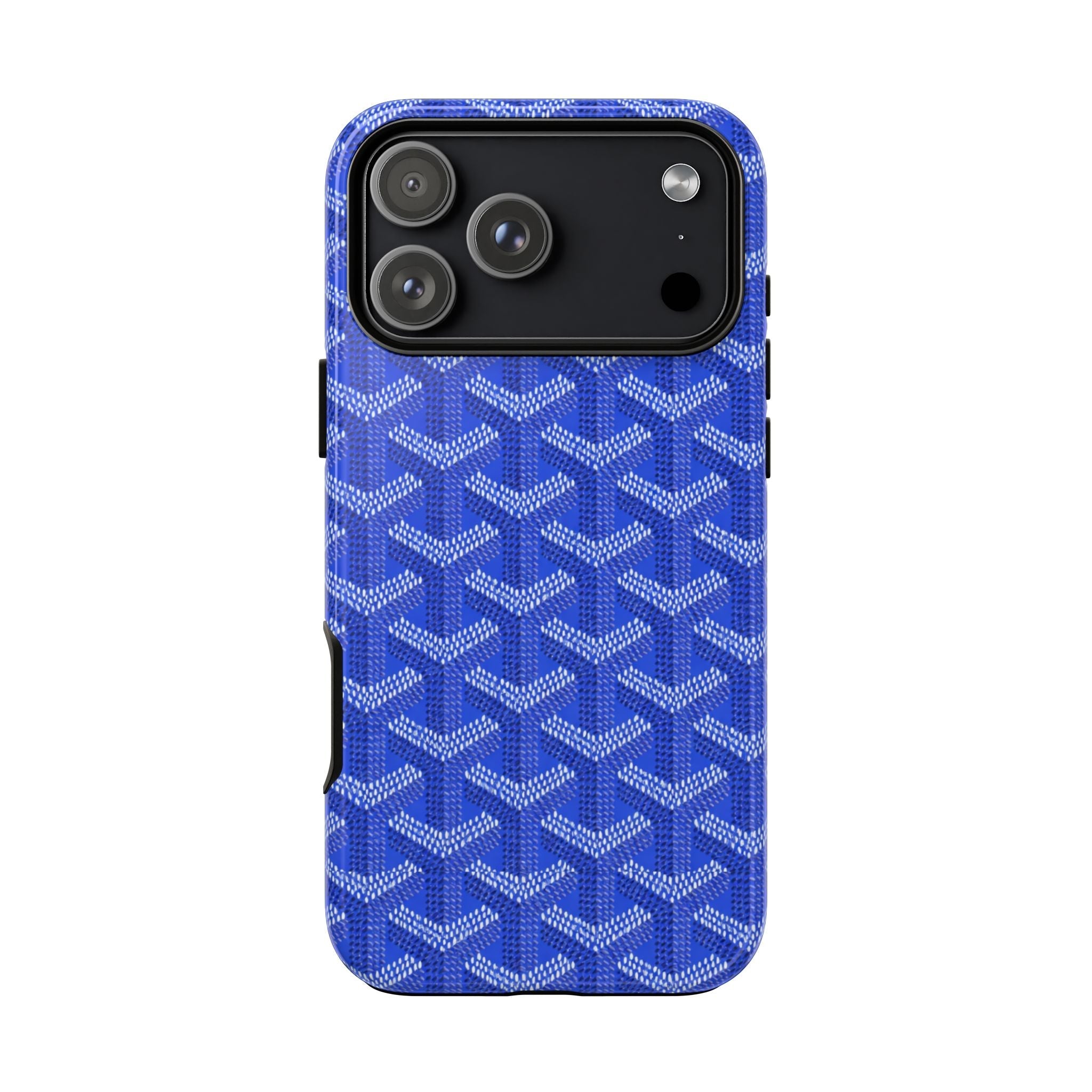 Royal blue phone case with white geometric pattern, raised camera bump cutouts