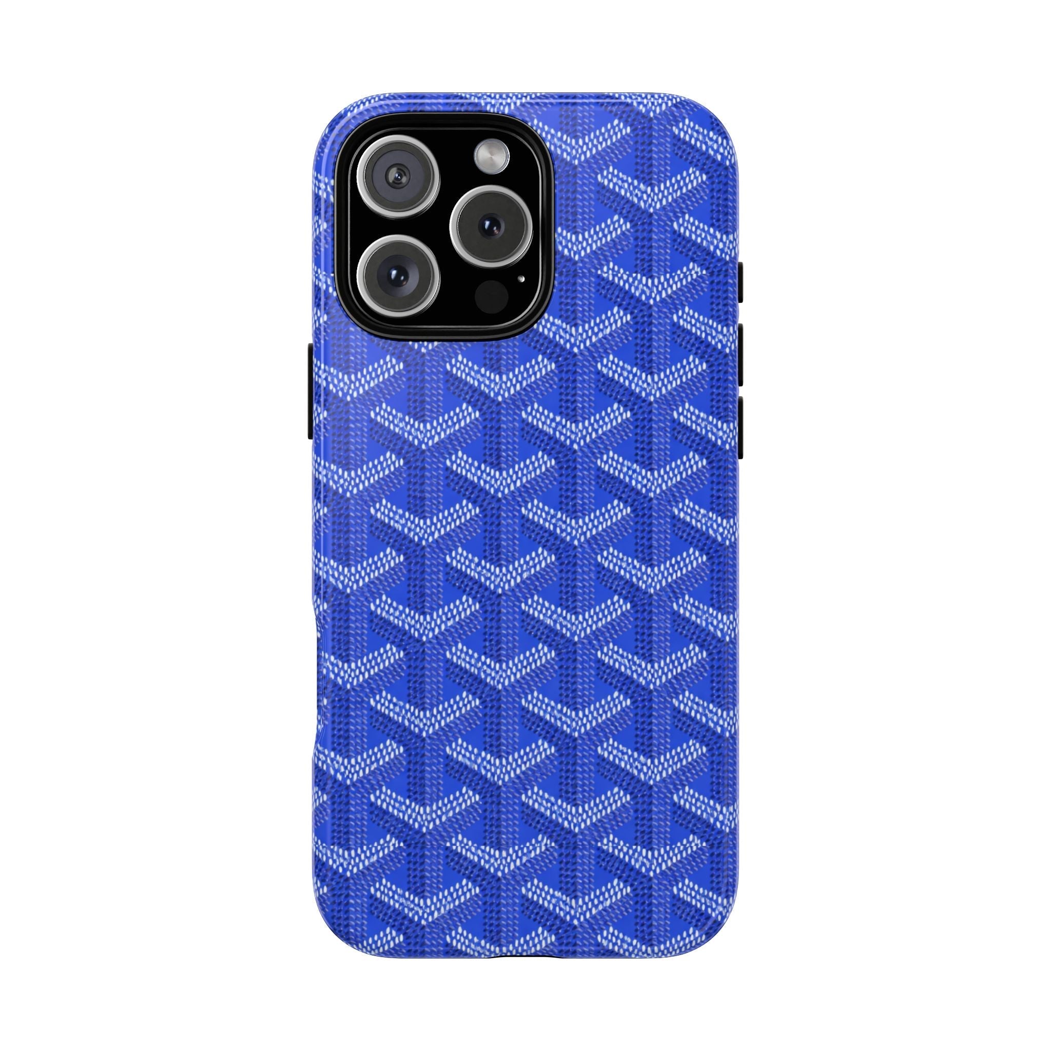 Royal blue phone case with white geometric pattern, camera cutouts