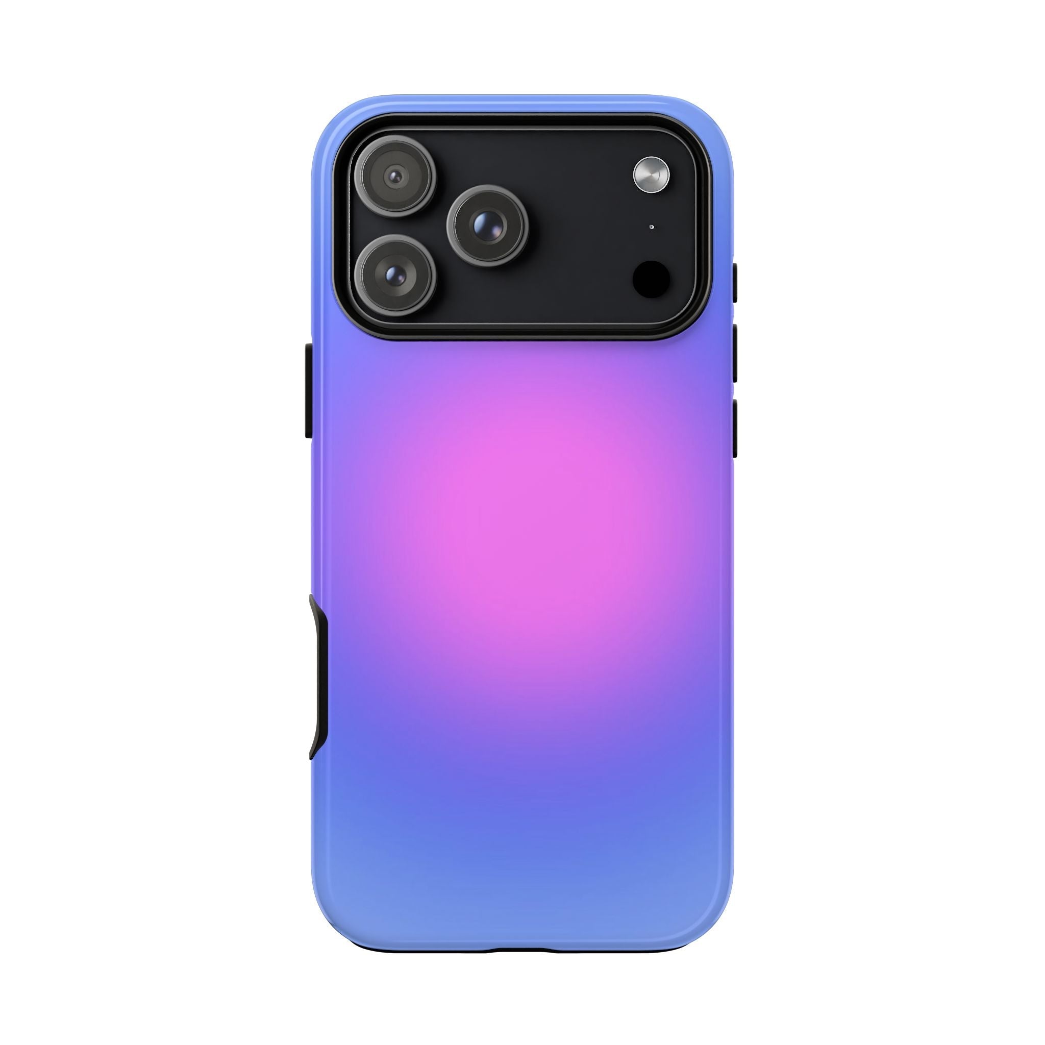 Royal blue aura phone case with black camera panel and pink-purple gradient