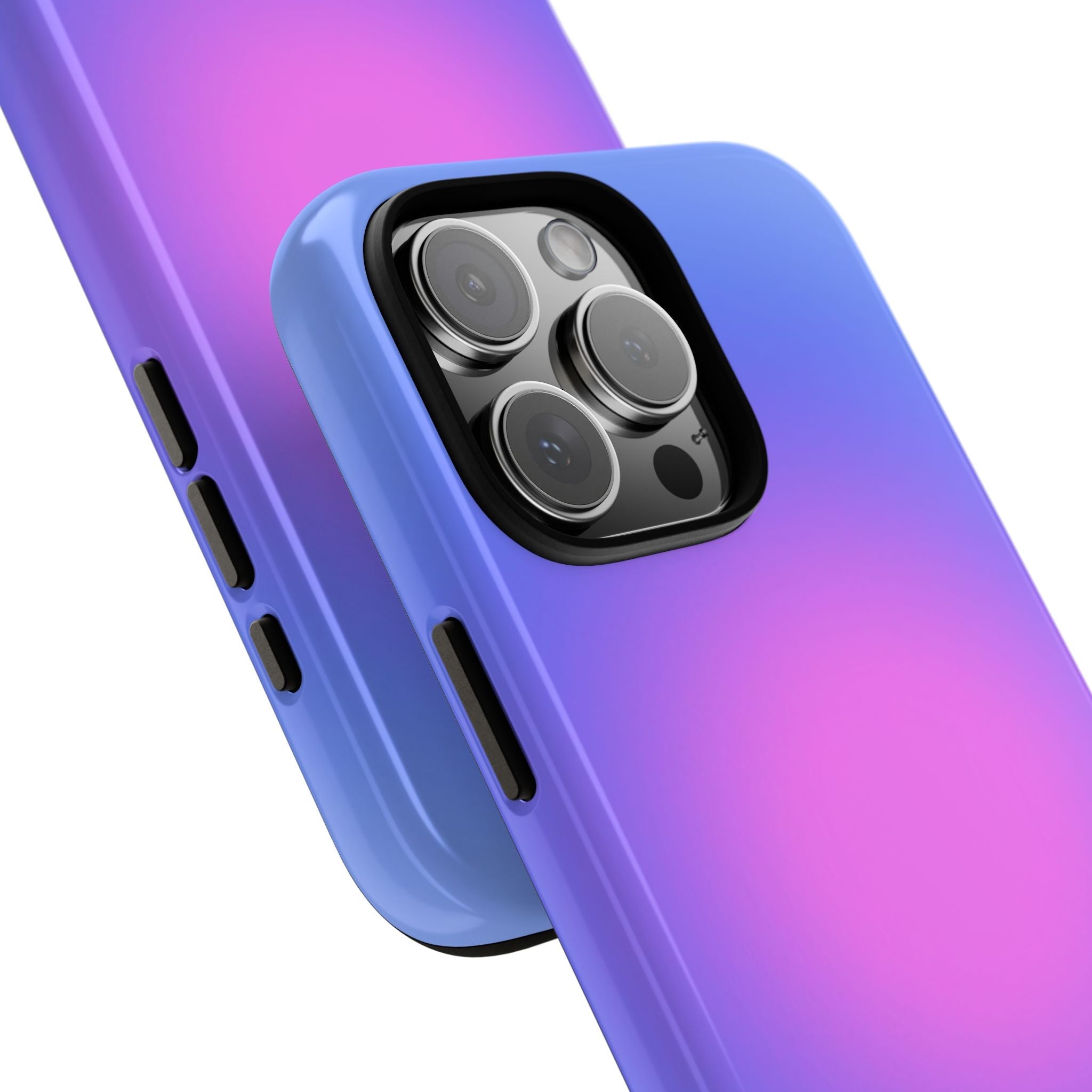 Blue aura phone case close-up showing side buttons and triple-lens camera cutout