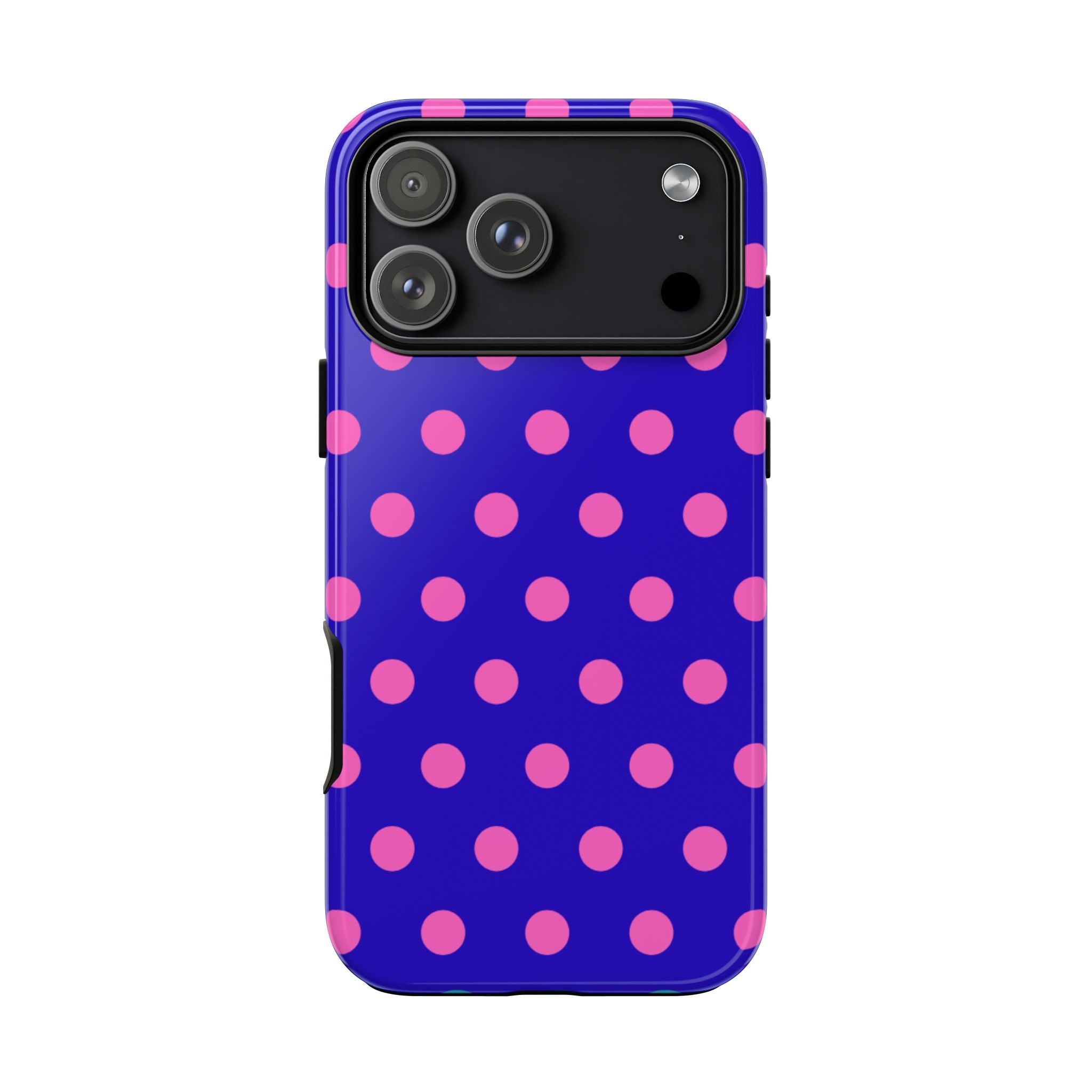 Back view: royal blue phone case with pink polka dots and raised camera bezel