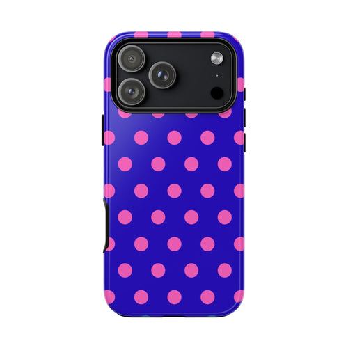 Back view: royal blue phone case with pink polka dots and raised camera bezel