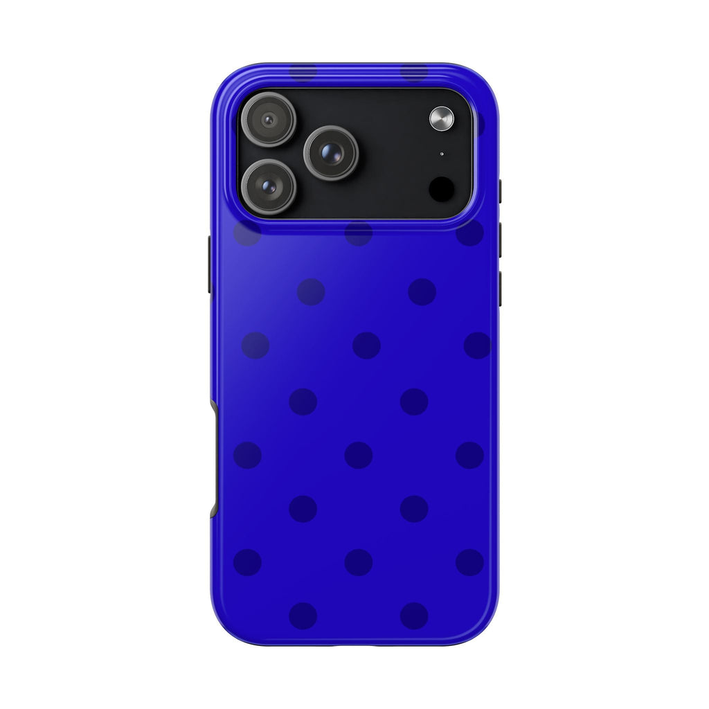 Royal blue polka dot phone case, rear camera protection and side button openings