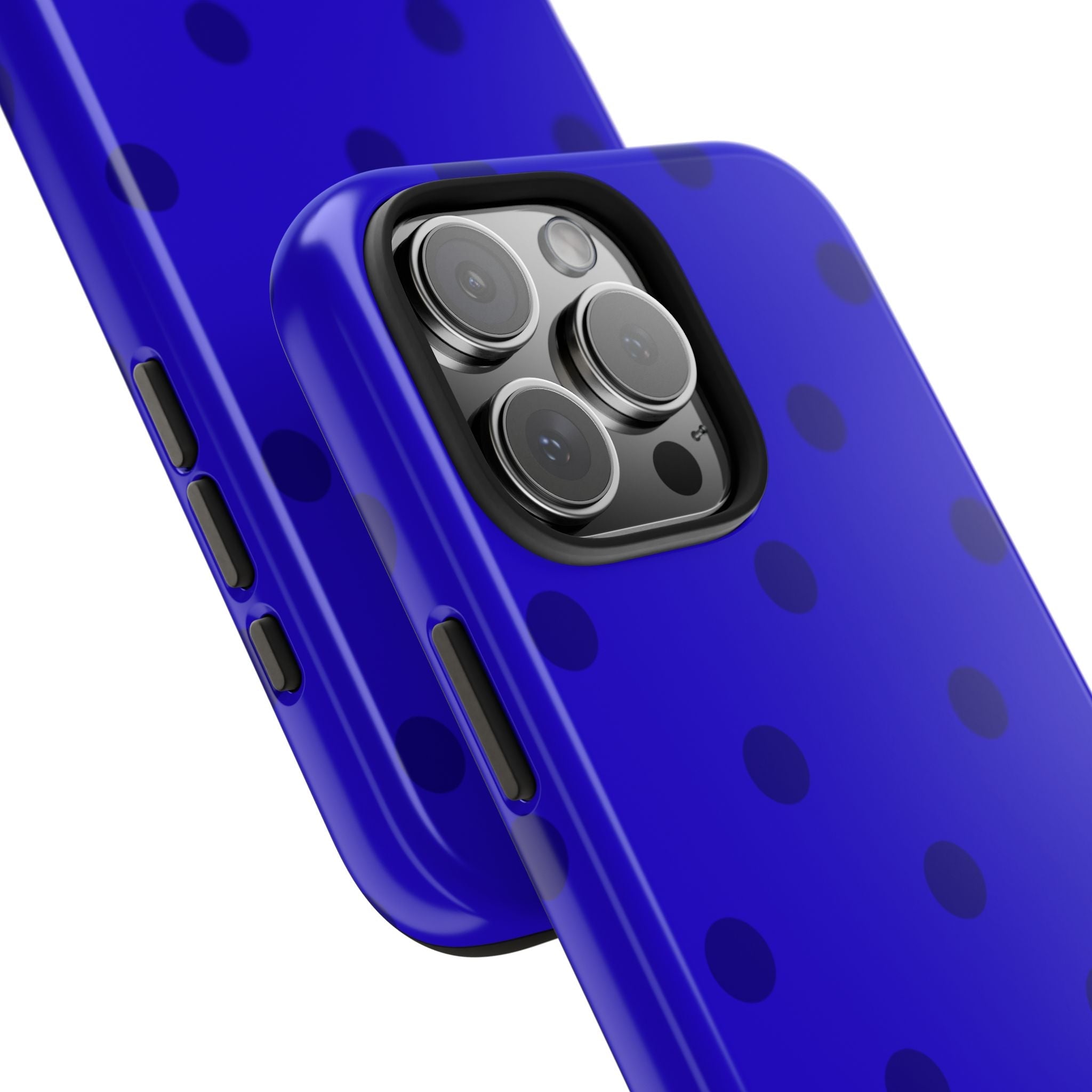 Royal blue polka dot phone case with camera lens guard and textured side grips