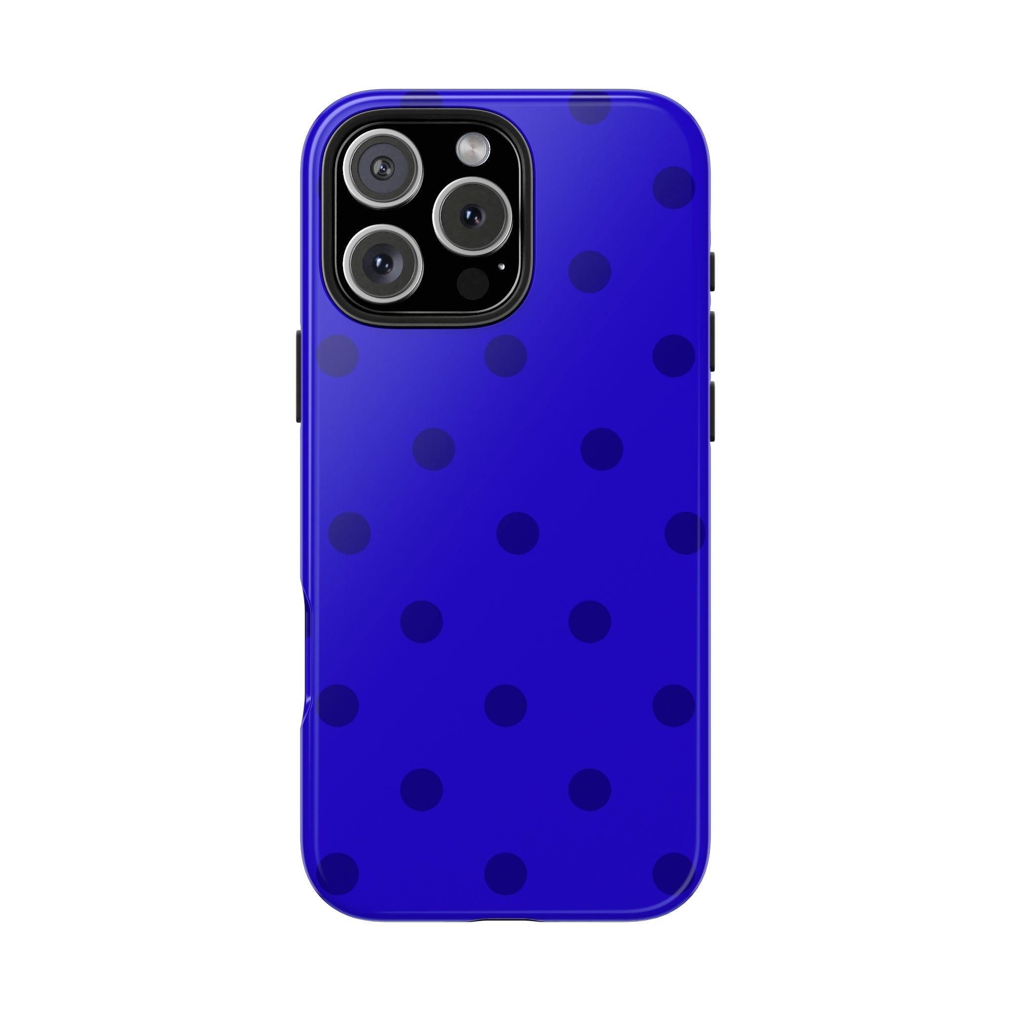 Royal blue phone case with dark polka dots, glossy finish, rear camera cutouts