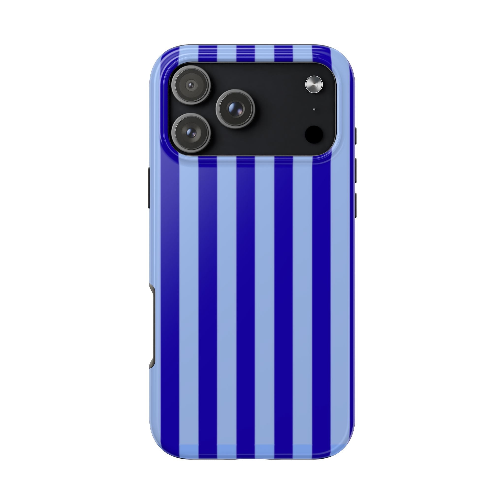 Royal blue striped phone case with vertical light blue bands and raised camera frame