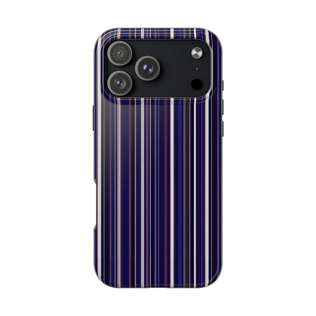 Royal blue striped phone case with cutouts for camera and flash