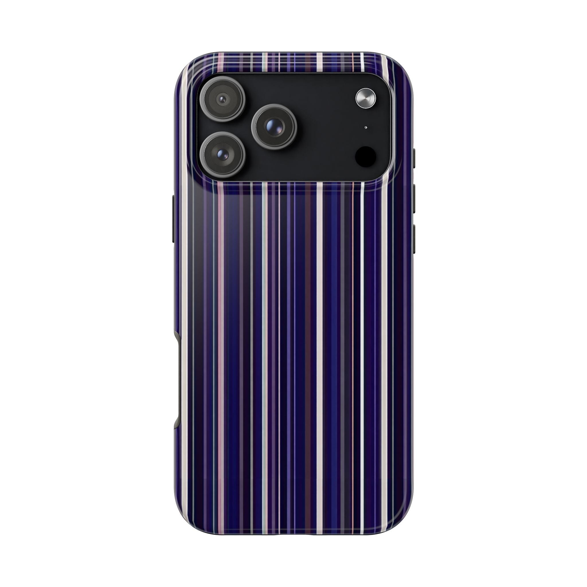 Royal blue striped phone case with cutouts for camera and flash