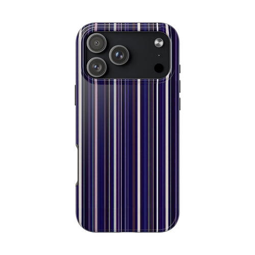 Royal blue striped phone case with cutouts for camera and flash