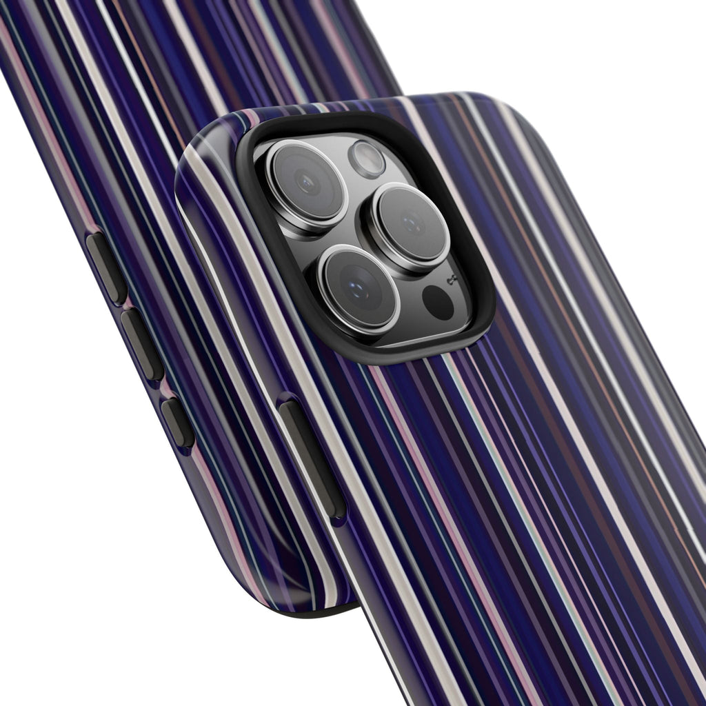 Angled royal blue striped phone case showing camera lens cutout detail