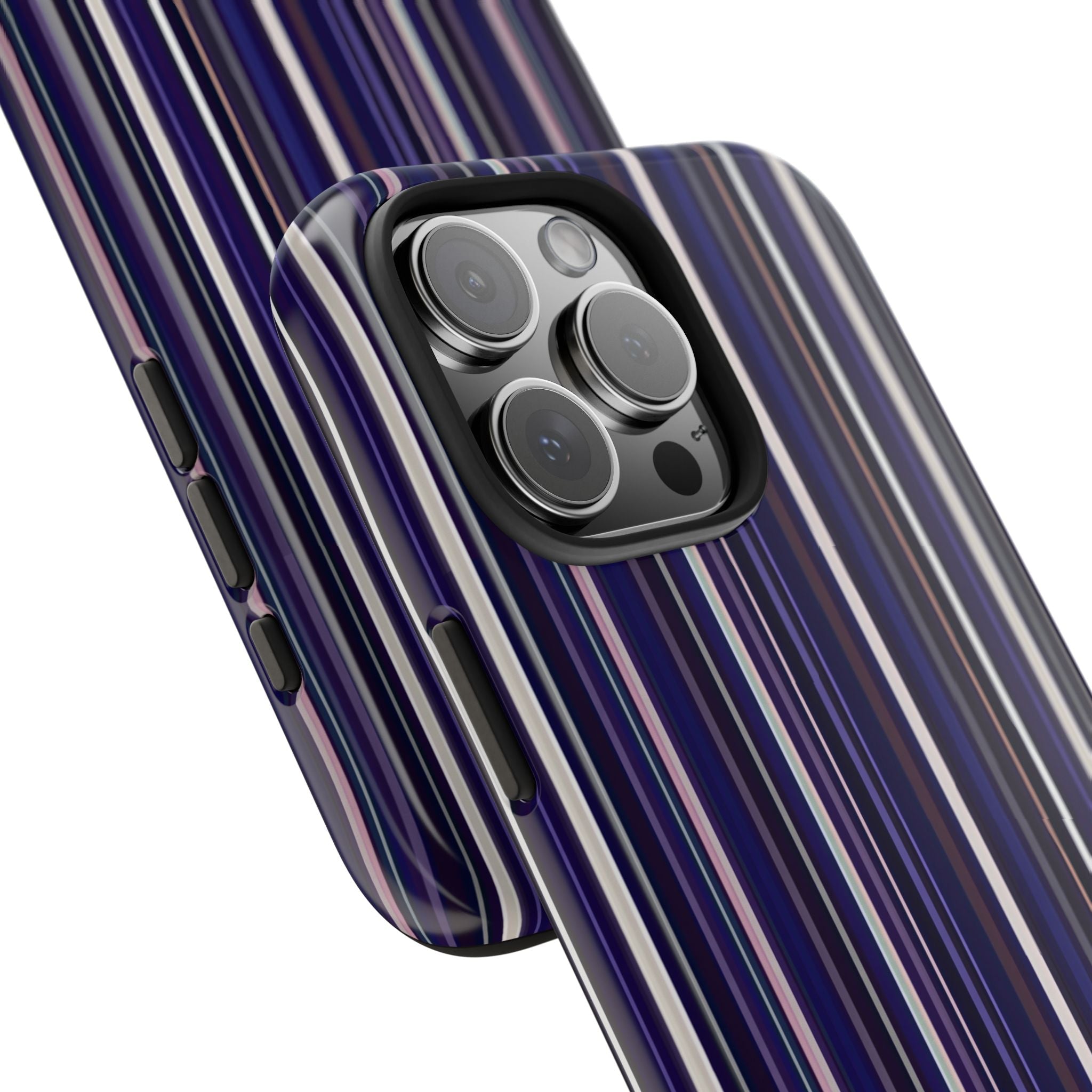 Angled royal blue striped phone case showing camera lens cutout detail
