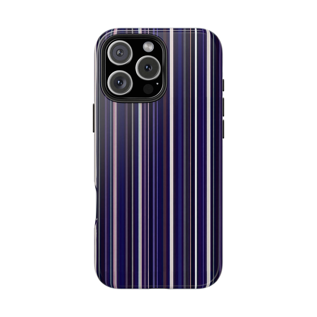 Front view royal blue striped phone case with raised camera ring protection