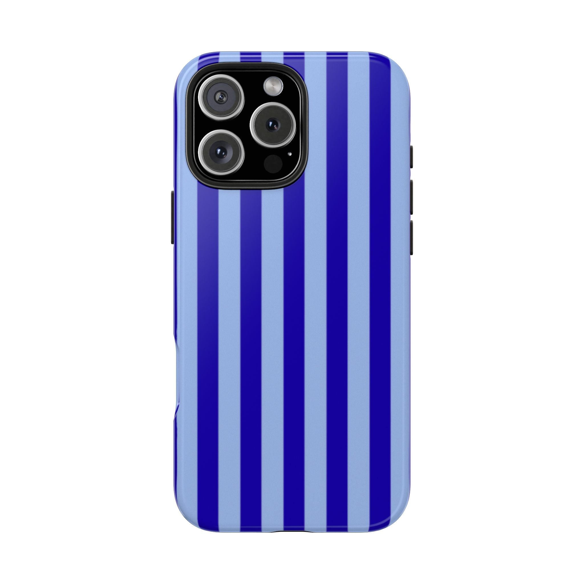Phone case back with vertical blue stripes on light base, with camera lens openings