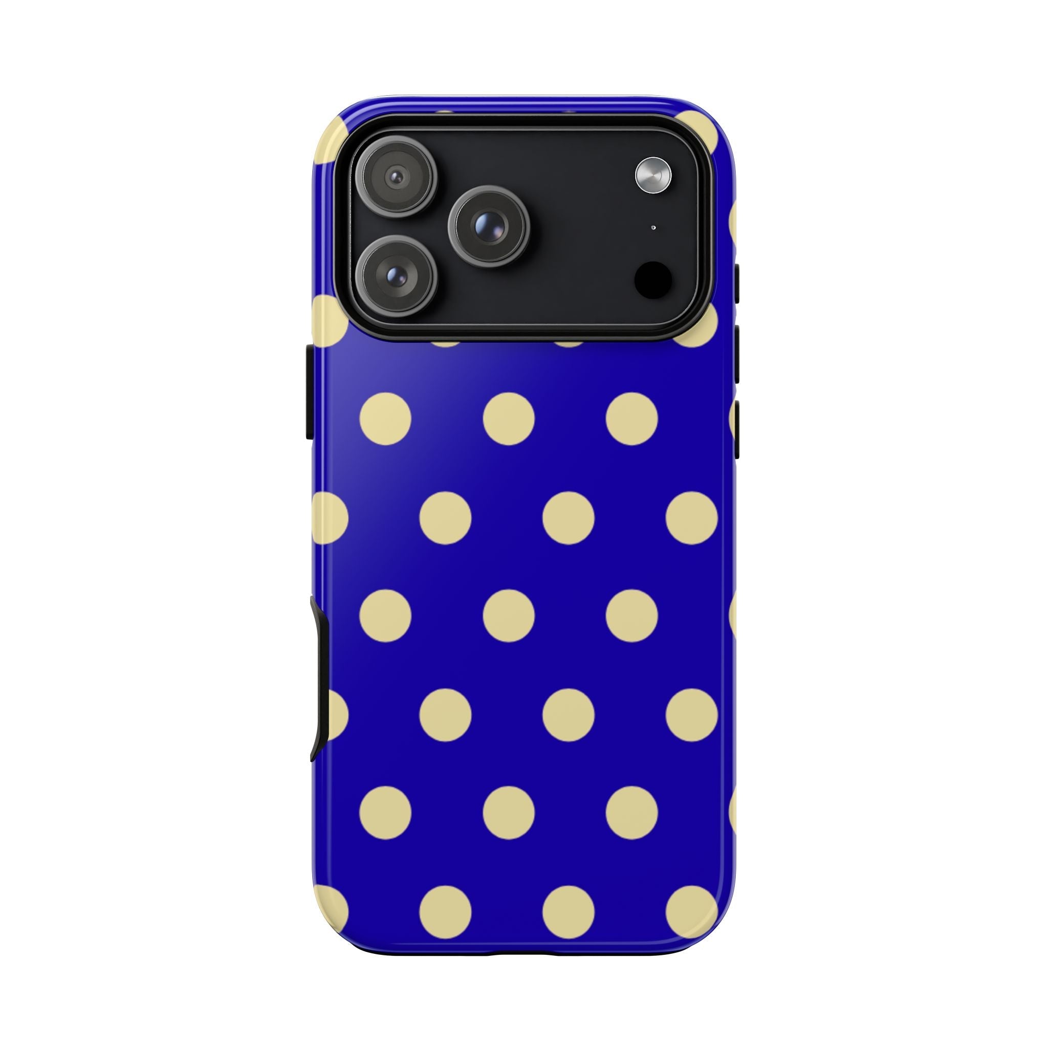 Blue phone case with yellow polka dots; camera module opening on back