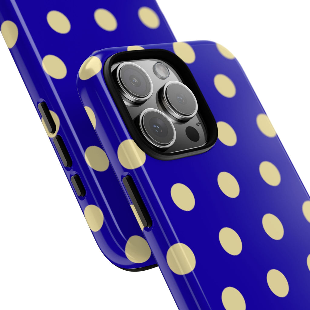 Blue polka dot phone case with yellow dots; side buttons and camera lens cutouts