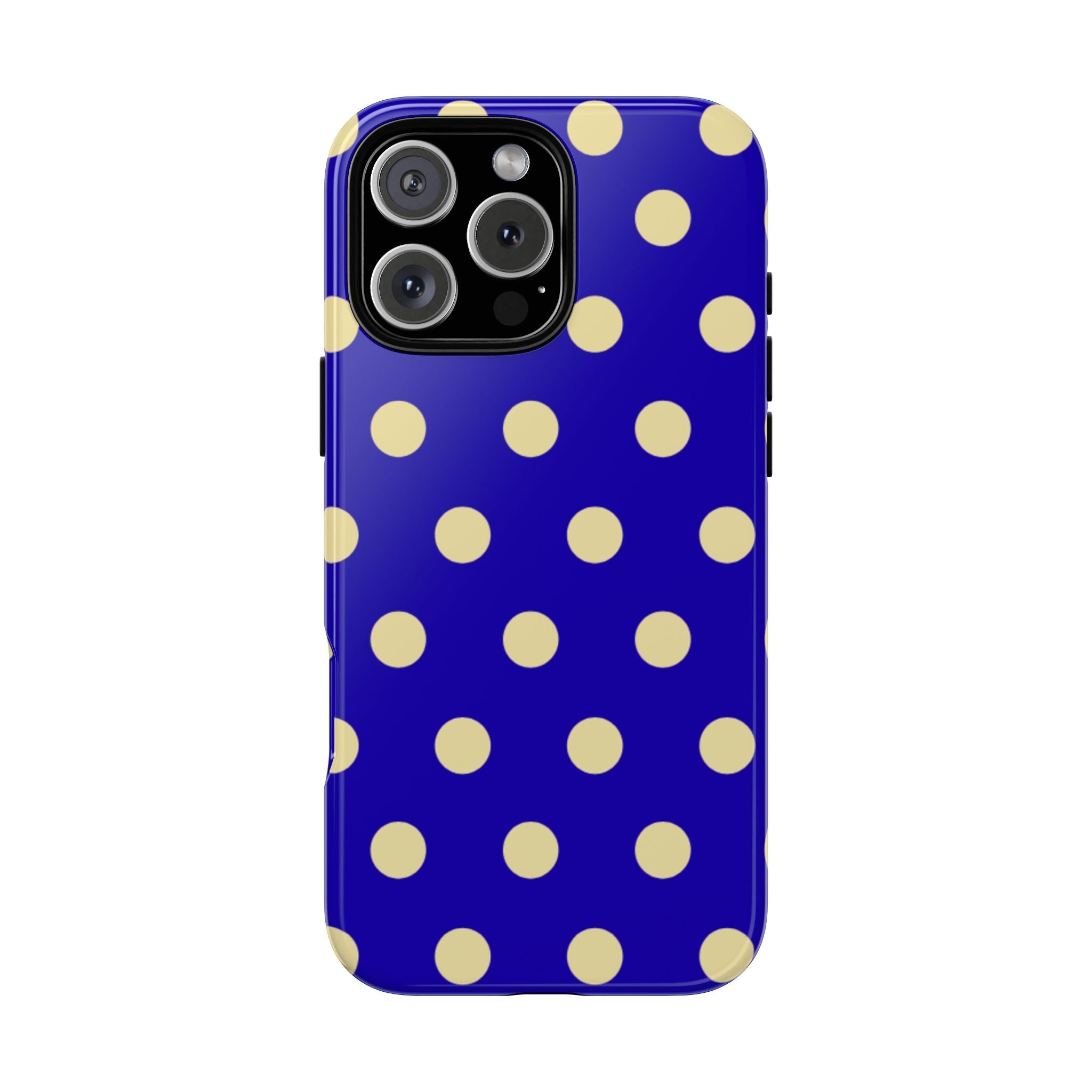 Blue phone case with yellow polka dots; cutouts for camera and flash