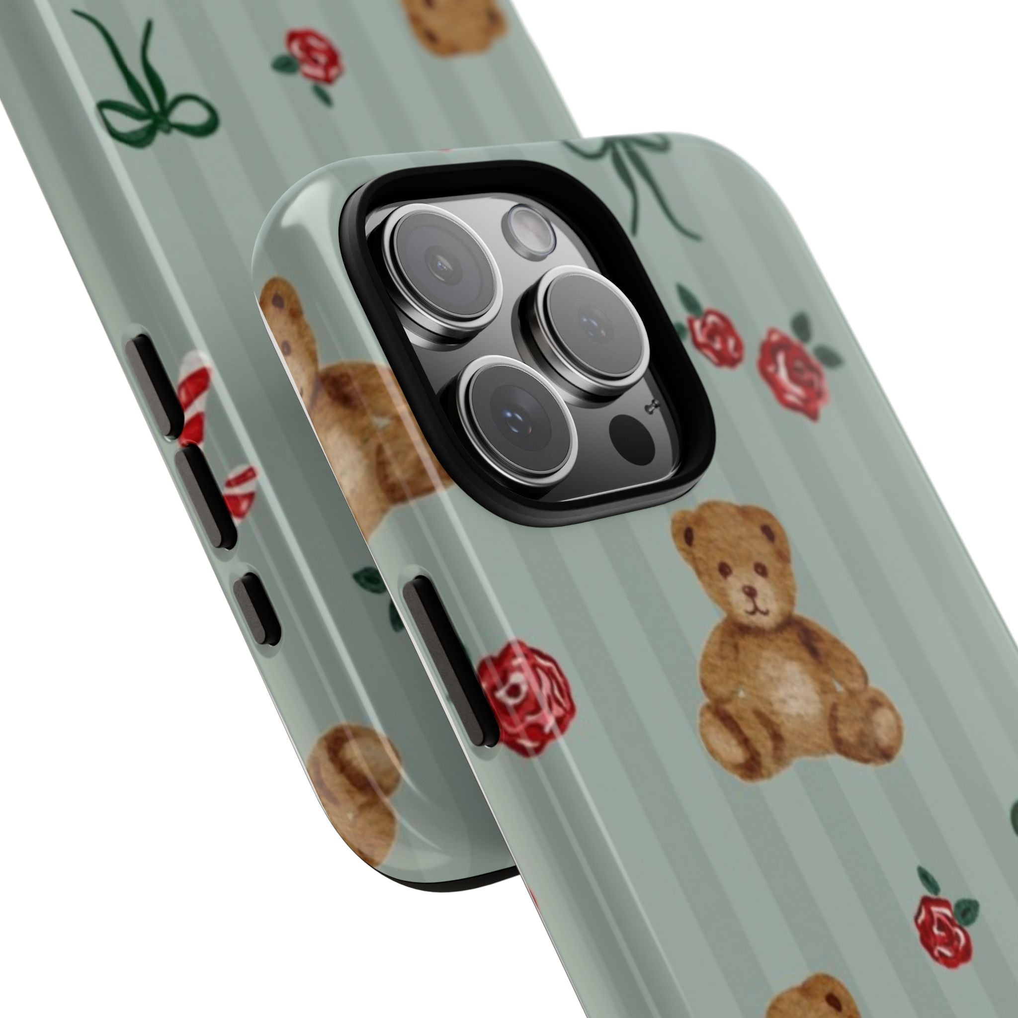 Sage striped teddy bear phone case with cutout for triple cameras and buttons