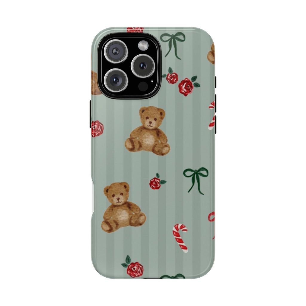 Sage green striped phone case with teddy bears, roses, and bows pattern