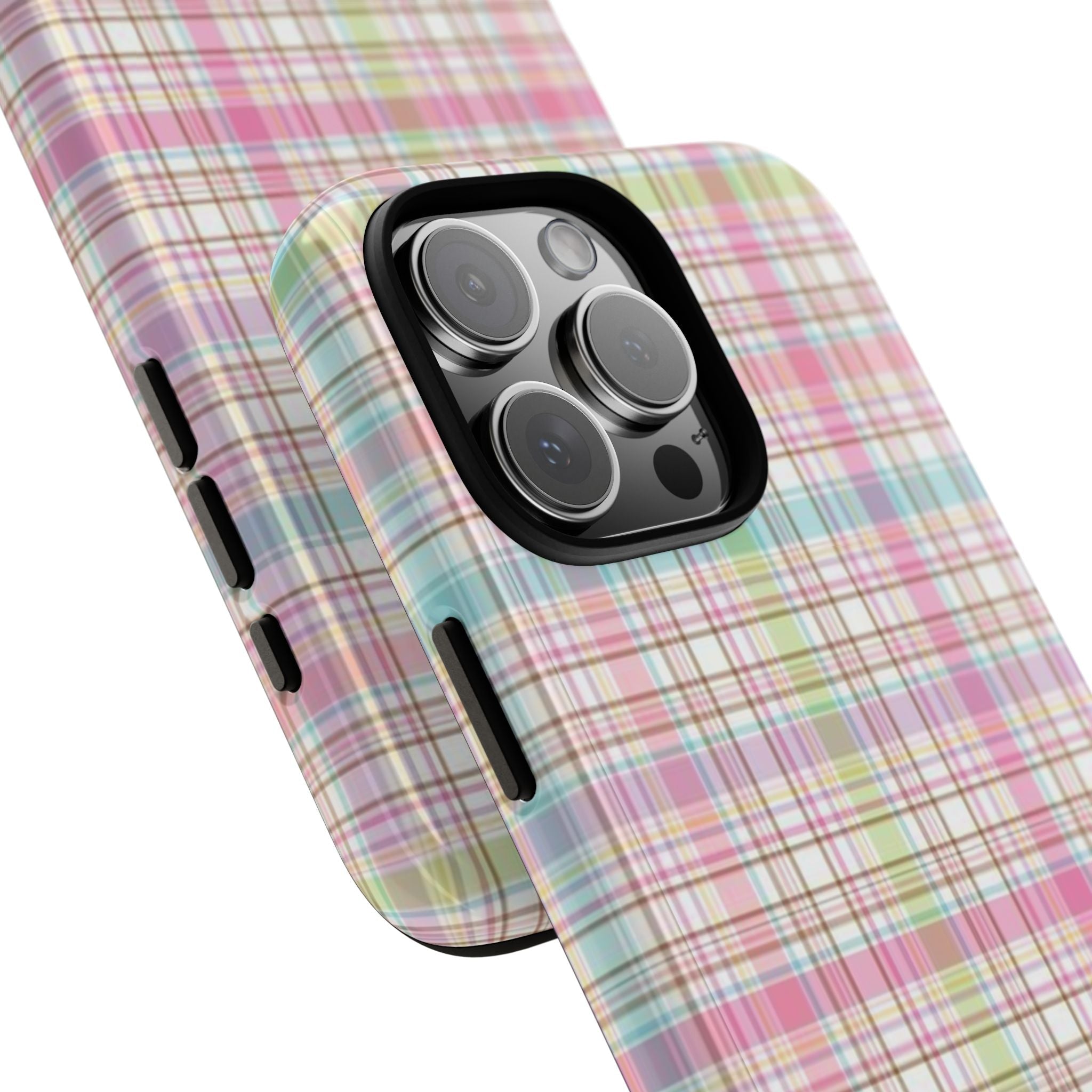 Pastel plaid phone case showing raised camera lenses and protective side grips