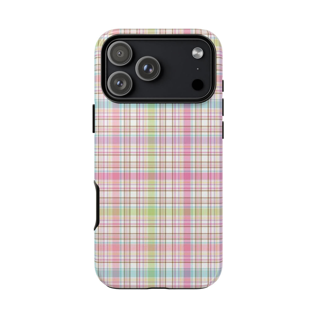 Plaid phone case, pastel check pattern with black camera frame and side cutouts