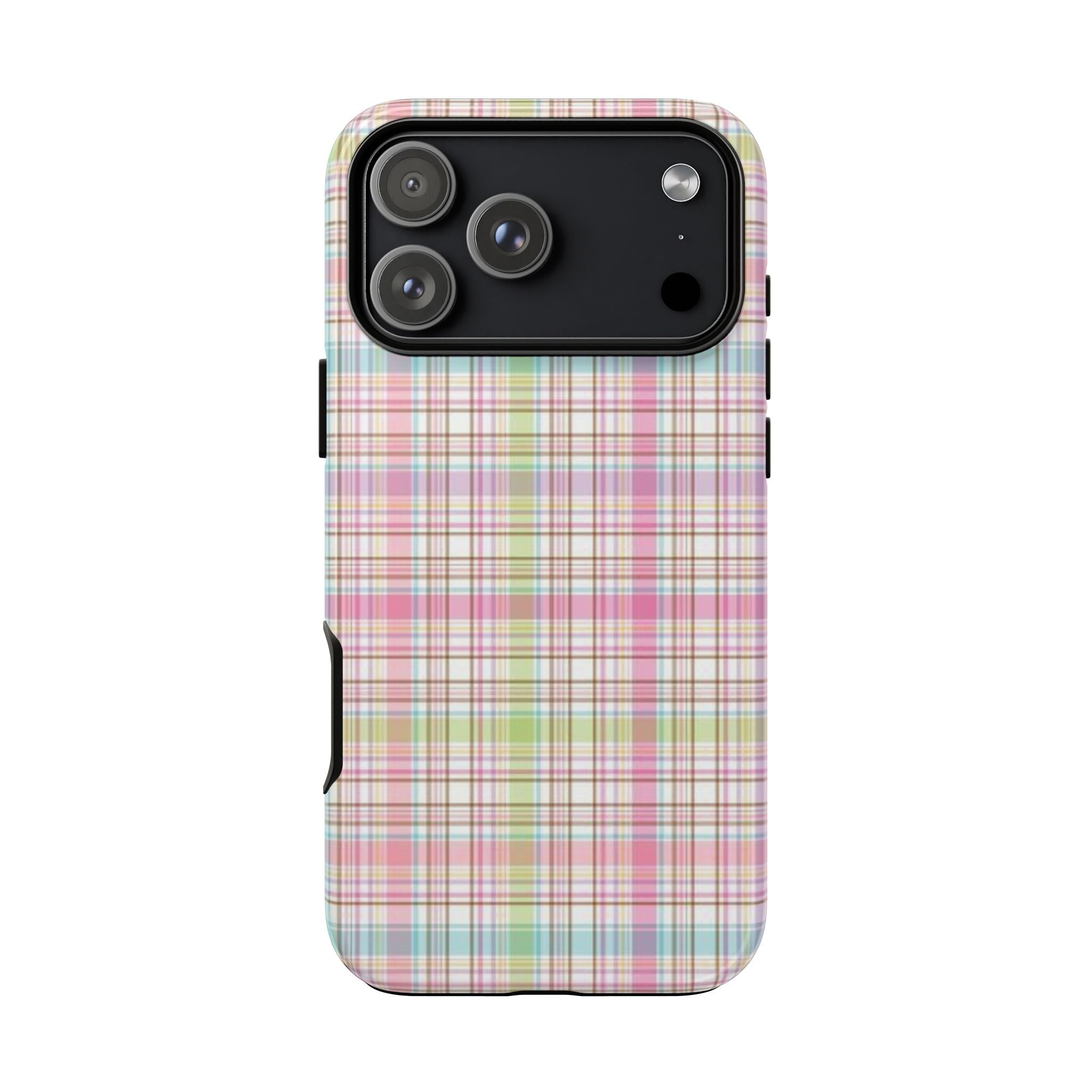 Plaid phone case, pastel check pattern with black camera frame and side cutouts