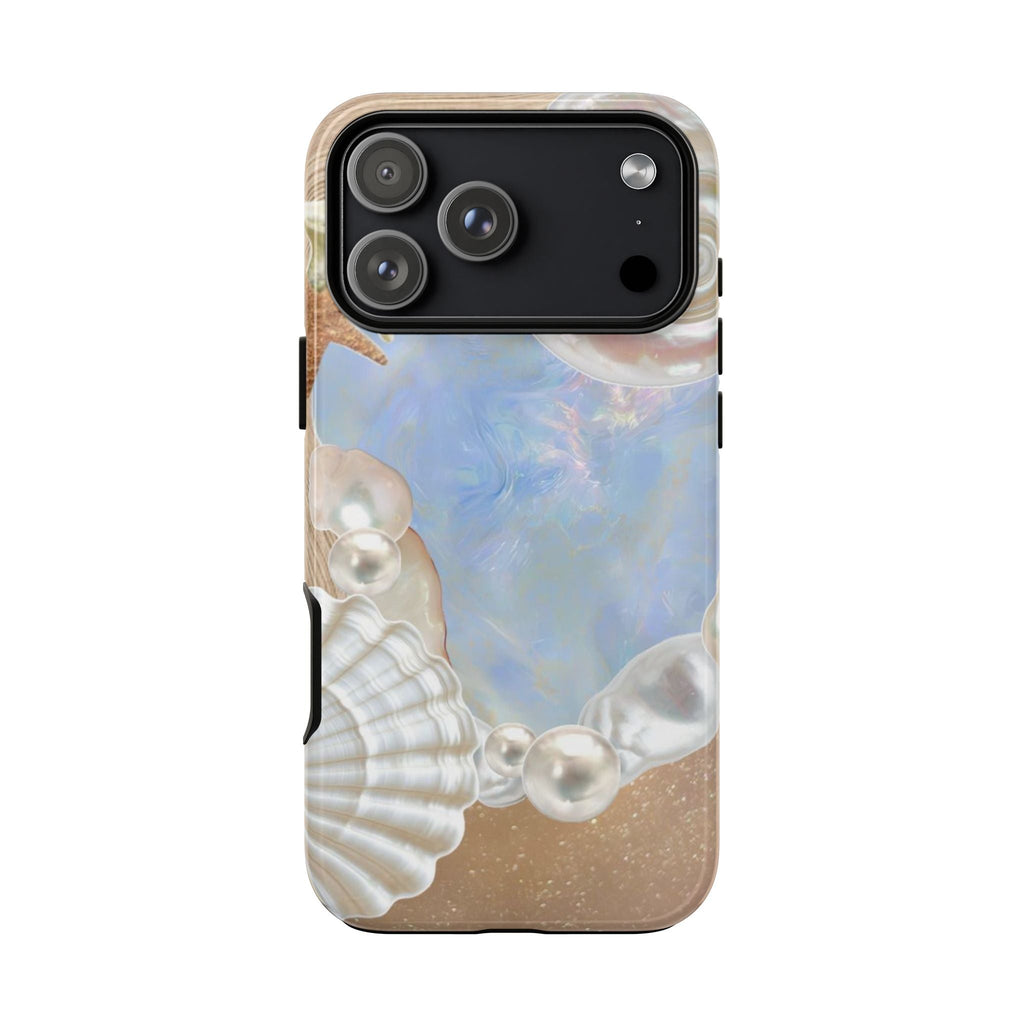 Sea shell phone case with opal blue center, pearl accents, and beige sand trim